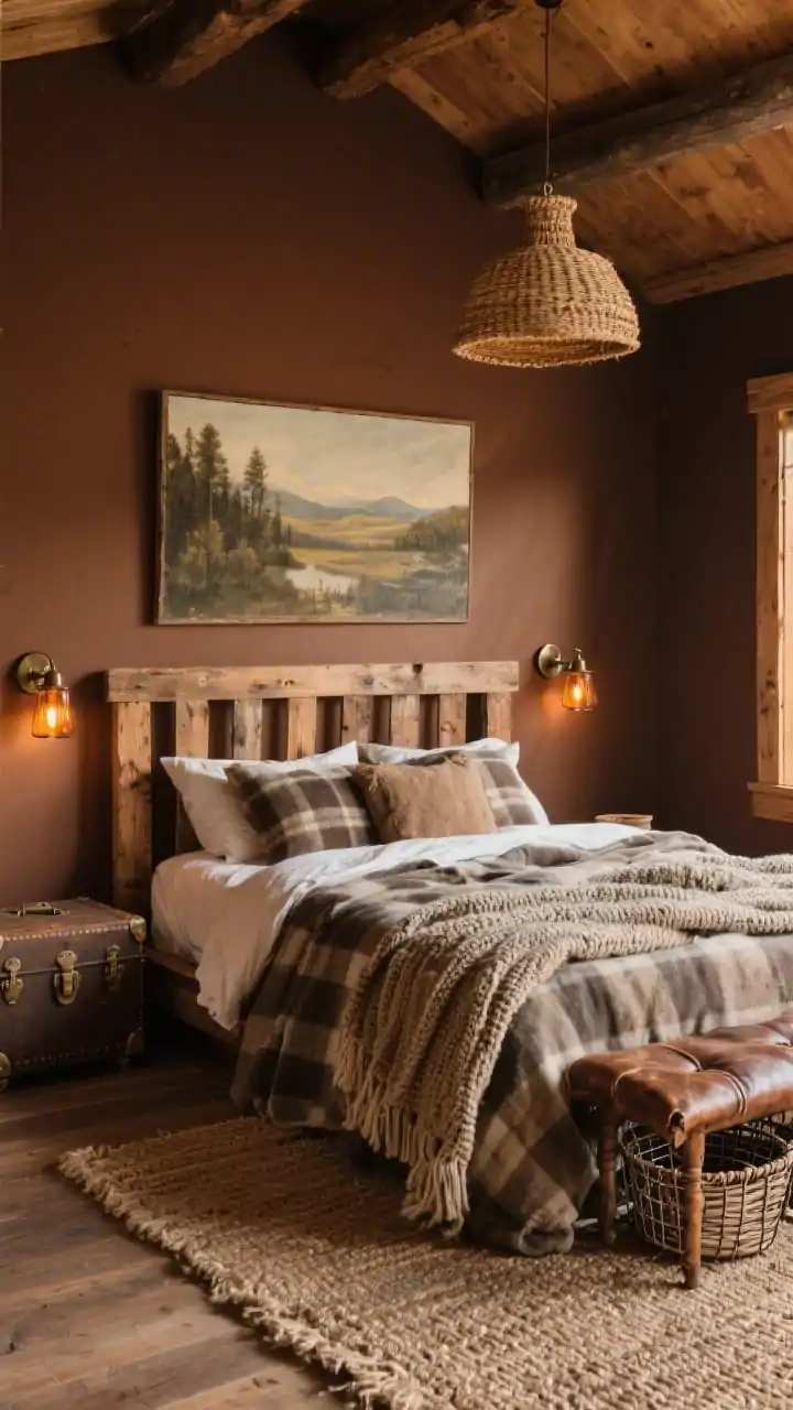 Medium corner angle of a warm rustic retreat: reclaimed wood slatted bed against deep mocha walls (or clay-toned accent wall), layered flannel duvet, wool blankets, and a chunky knit throw; a worn leather bench at the foot of the bed. Bronze sconces with amber glass casting cozy light, a woven jute pendant overhead. Vintage-style trunk storage at the side and wire baskets tucked under the bed, large landscape painting above the headboard, textured jute rug underfoot. Earthy tones, tactile, cabin-warm atmosphere, golden-hour lighting.
