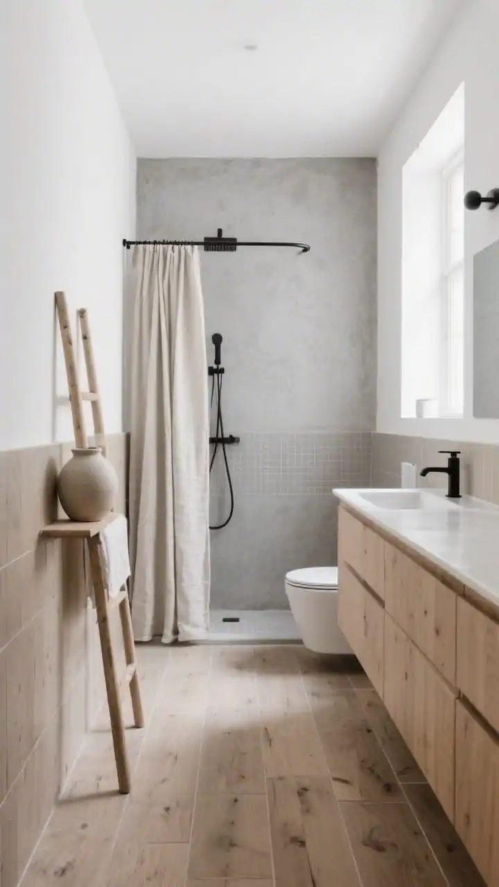 Medium corner angle, photorealistic: A Nordic calm small bathroom with large-format wood-look tiles laid lengthwise on the floor and wrapping as a half-wall splashback to elongate the space. In the shower, soft gray microcement-look tile walls keep visual noise down. Include a light oak vanity, matte black tapware, and a linen shower curtain for texture. Minimal decor: a single ceramic vase and a slim ladder shelf. Bright diffuse daylight, Scandi-chic palette, no people.