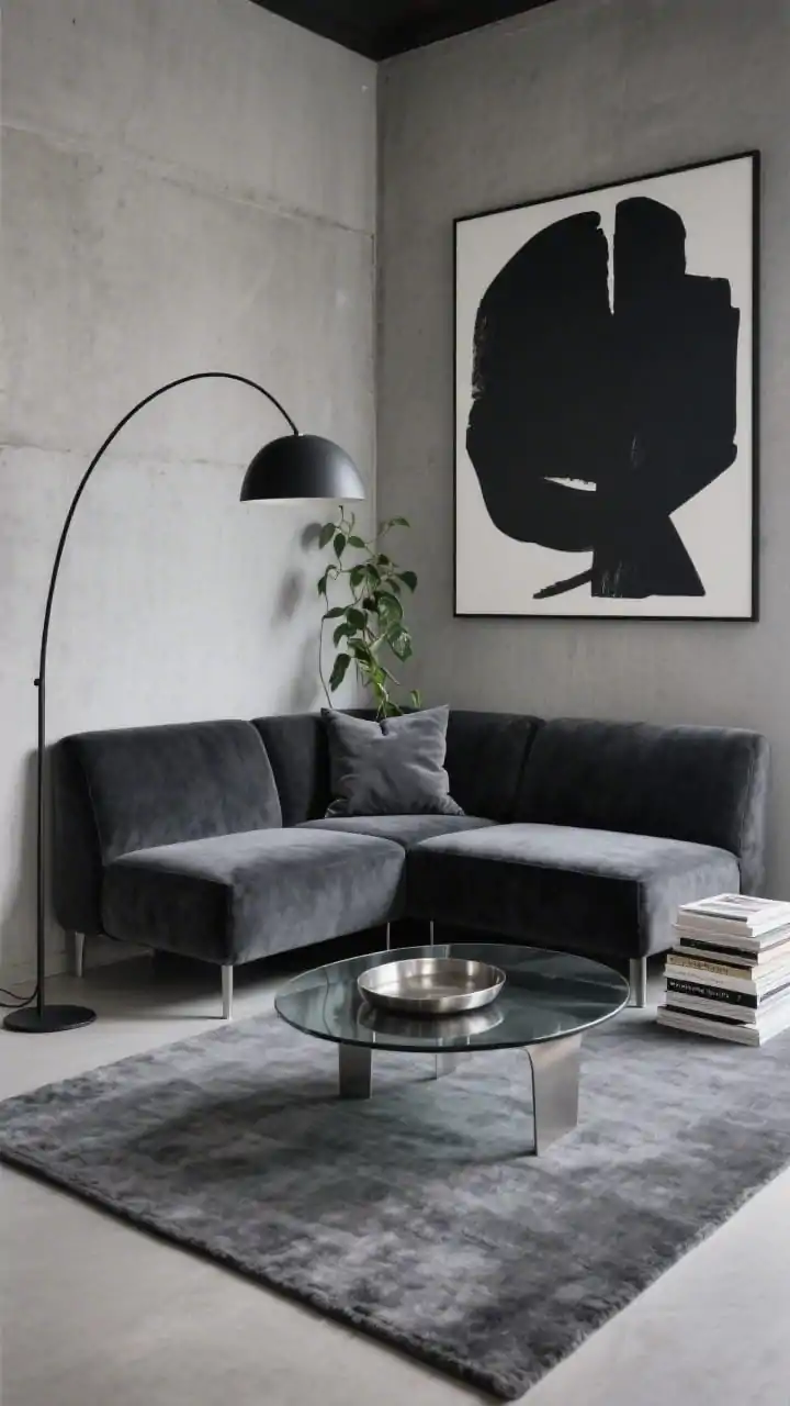 Medium corner angle, urban modern gallery lounge: deep charcoal modular sectional with boxy cushions and hidden legs forming a cozy pit-like arrangement, set against soft concrete-gray walls. A large black-and-white abstract artwork hangs behind the corner module. Underfoot, a low-pile graphite wool rug. In front, a smoked-glass oval coffee table holding a burnished metal tray with stacked art books. A slim black arc floor lamp curves overhead; velvet throw pillows in slate on the sectional; a single trailing pothos adds life. Palette: charcoal, graphite, titanium gray, brushed steel. Moody, sleek, photorealistic.