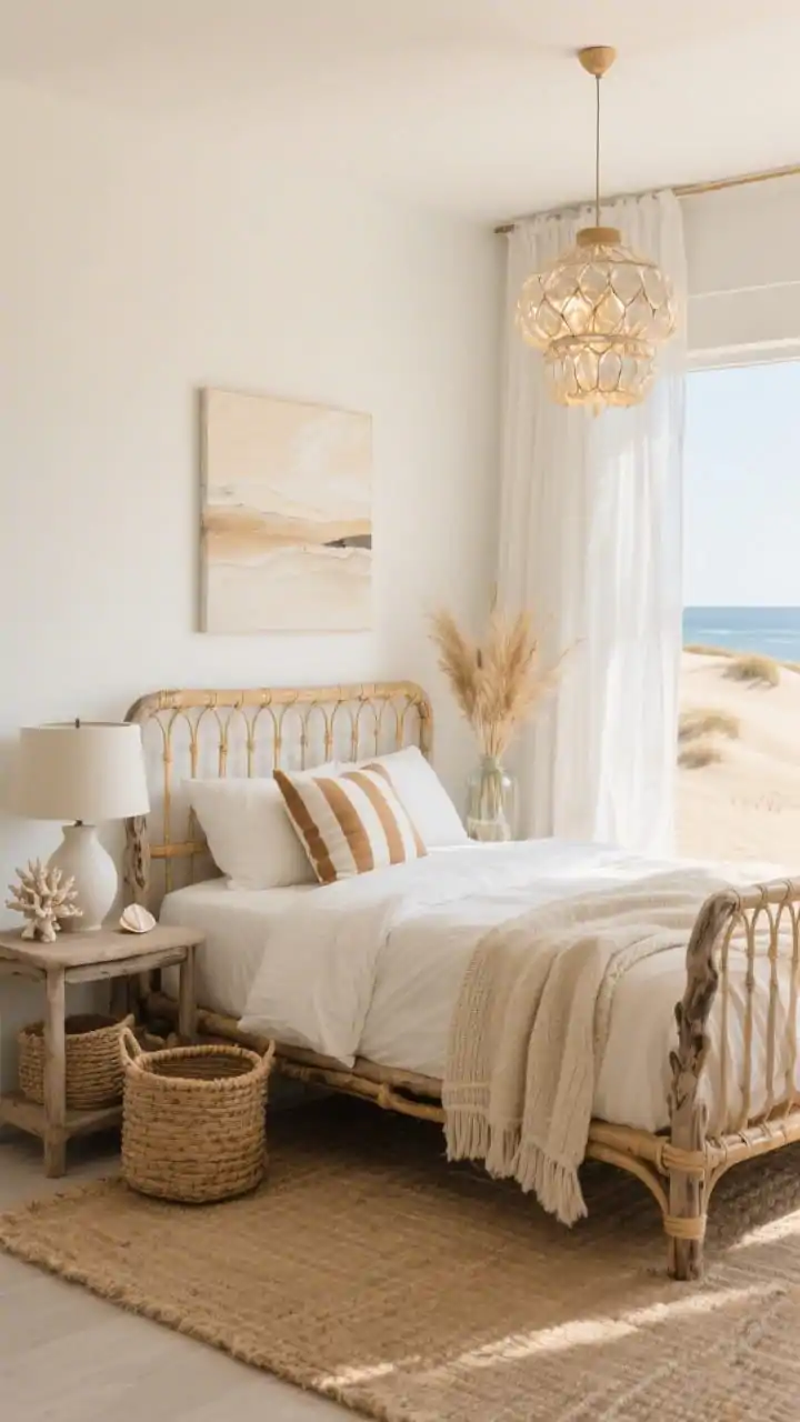 Medium corner-angle view of a coastal sand dunes bedroom: rattan bed frame against light walls, driftwood-toned furniture, gauzy white linen curtains catching golden-hour light; shell-beige bedding layered with a knit sand-colored throw and tan-and-white striped lumbar pillows; woven baskets under a side table, jute area rug, matte ivory ceramic table lamp; accents of a coral sculpture, a glass vase with beach grass, and soft abstract shoreline art; capiz pendant overhead shimmering subtly; sand, cream, oat, driftwood, and white palette; breezy, sunlit mood, photorealistic.