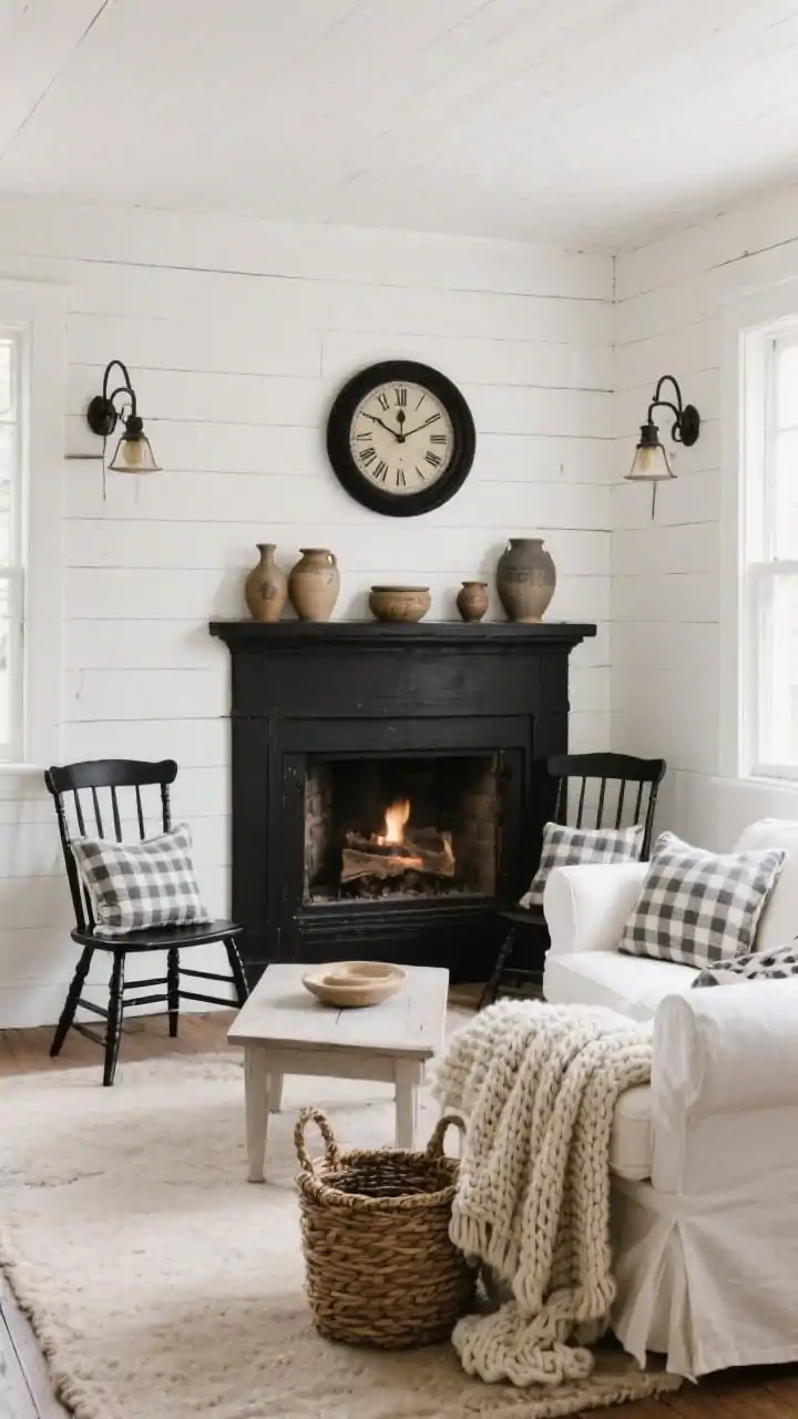 Medium corner shot, Cozy Cottage Contrast: A charming nook with white shiplap walls and a black-painted mantel grounding the fireplace; a slipcovered white sofa paired with two black Windsor chairs around a simple coffee table; a chunky knit throw draped over the sofa, woven baskets tucked beside the hearth, gingham cushions on the chairs; a black farmhouse clock above the mantel and hand-thrown pottery grouped with iron sconce lighting on the wall; palette of cottage white, soot black, and warm natural fibers; soft, homely daylight; photorealistic.