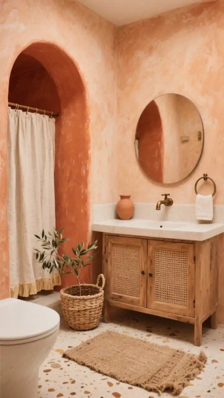 Medium corner view of a warm terracotta bathroom: limewash-effect walls in sunset terracotta with visible brush movement; faux arched niche painted a deeper terracotta framing a round mirror; rustic wood vanity with cane-front doors; creamy terrazzo floor with warm-toned chips; brushed bronze faucet and towel ring; layered natural textures jute rug, woven basket, clay vase with olive branches; linen shower curtain with slightly pooled hem; soft, golden daylight for a cozy boutique-casita mood, photorealistic.