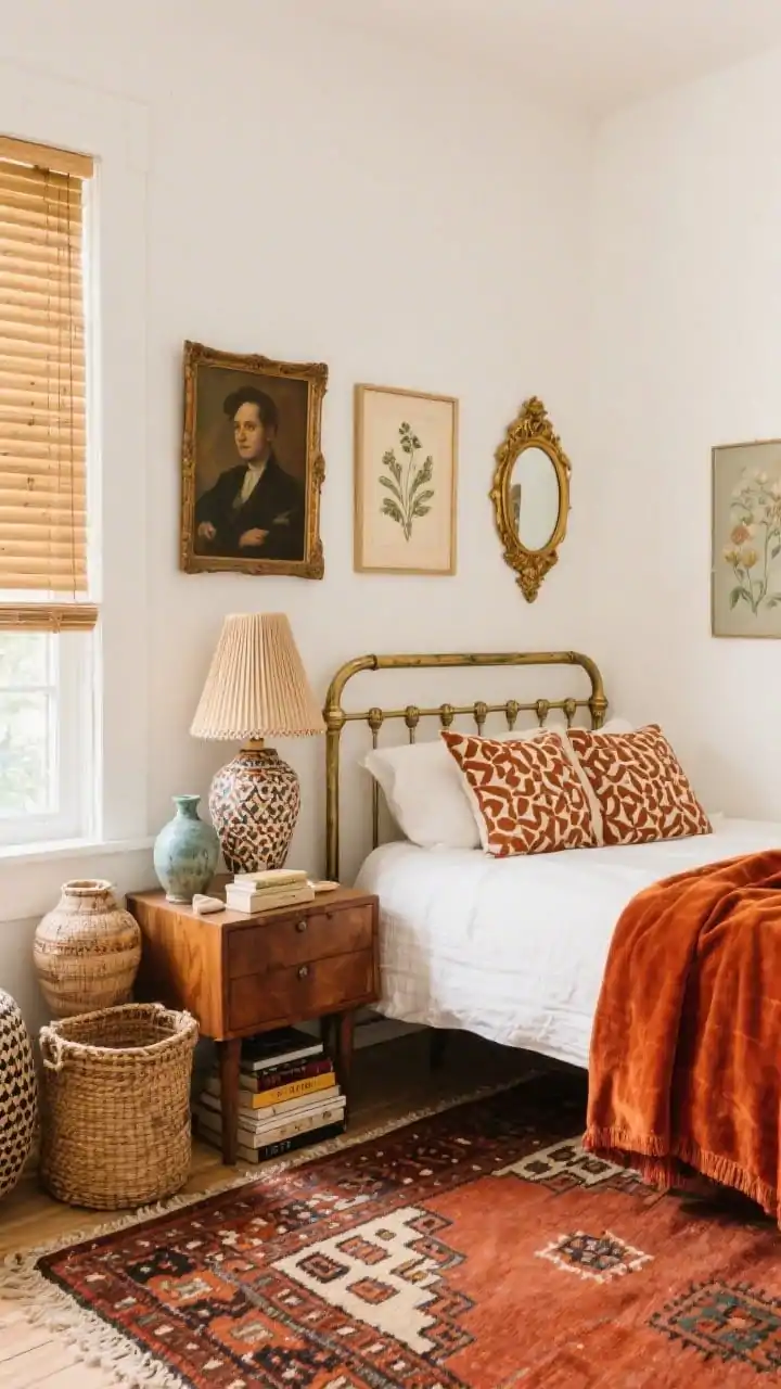 Medium corner vignette of an eclectic collected bedroom: warm white walls and a kilim rug in rust and persimmon setting the palette. A vintage brass bed frame with mismatched wooden nightstands, block-printed pillows, and a persimmon velvet throw draped casually. Stacked art leaning against the wall an oil portrait, botanical print, and a small gilded mirror plus ceramic vases, woven baskets, and book stacks. A pleated patterned lampshade on one nightstand and a bamboo window shade filtering natural light. Photorealistic.