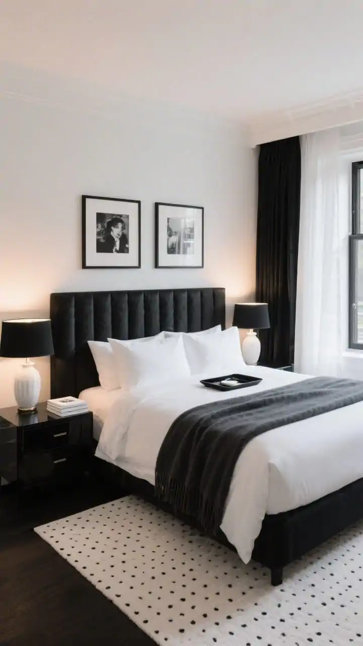 Medium, Cozy Hotel Suite Glam: warm white painted room with a wall-spanning channel-tufted black headboard; glossy black nightstands on both sides; white ceramic lamps topped with black shades; bed layered with high-thread-count white sheets, a white rug with micro black dot pattern underfoot, and a charcoal cashmere throw draped across the end; sheer white drapery layered under blackout black curtains framing the window; symmetrical framed black-and-white photography above the bed; a black tray on the bed with a small white book stack; evening ambient light for boutique feel; photorealistic.