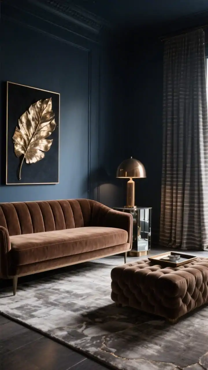 Medium-detail asymmetrical luxe: slim sectional with a left chaise in rich mocha velvet paired with a wide channel-tufted ottoman opposite the chaise, serving as flexible seating/coffee table with a tray. Smoked mirror side table, bronze floor lamp with domed shade. Wall painted deep inky blue or graphite, softened by pinstripe linen drapes. Low-pile stone-toned silk-blend rug with subtle sheen, a single oversized art piece with metallic leaf detailing. Editorial, moody, dramatic side-lit scene, 3/4 corner angle, photorealistic.