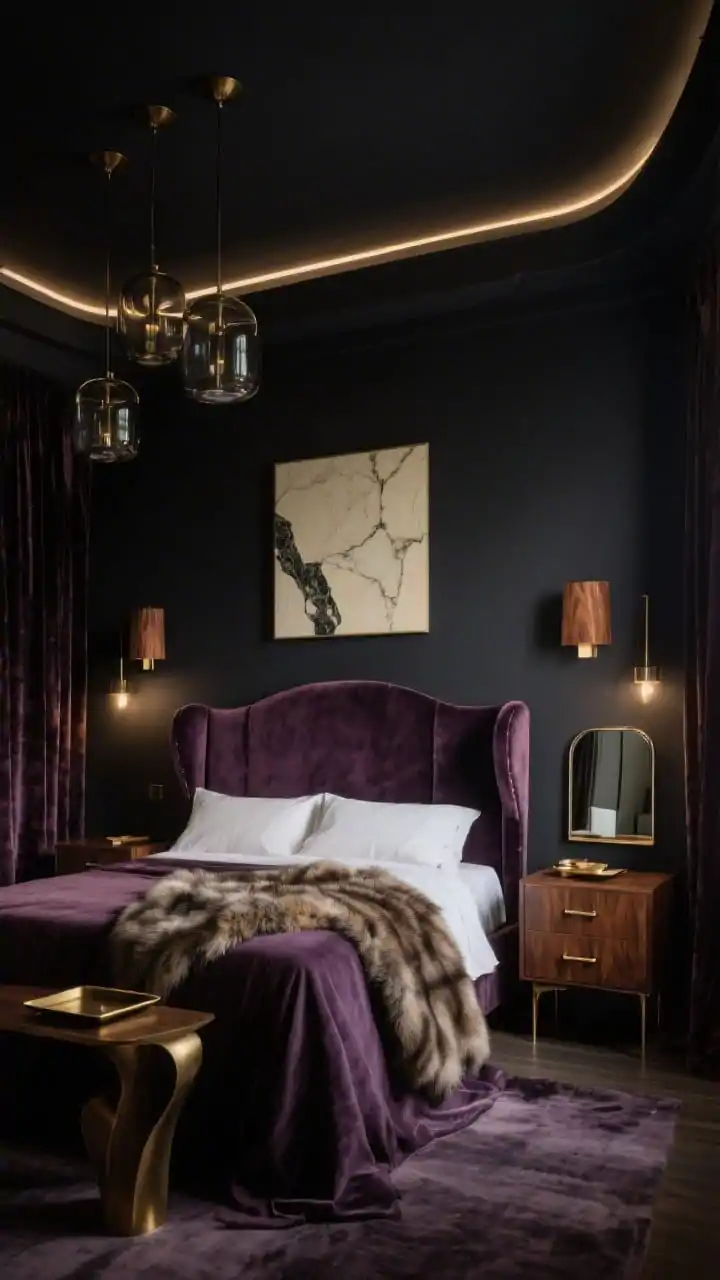 Medium dramatic scene, moody luxe cocoon: deep charcoal walls envelope a wingback upholstered bed in plum velvet, rich walnut nightstands on each side. Layered lighting walnut sconces, smoked-glass pendants, and dimmable LED strip lighting creating a halo glow behind a headboard ledge. Textiles include Tencel or sateen sheets, a faux fur throw, and heavy velvet blackout curtains pooling slightly on the floor. Brushed brass drawer pulls, a sculptural tray on the nightstand, slim-framed mirror reflecting soft light, abstract canvas in cream and onyx breaking up the depth. Nighttime ambiance, high contrast.