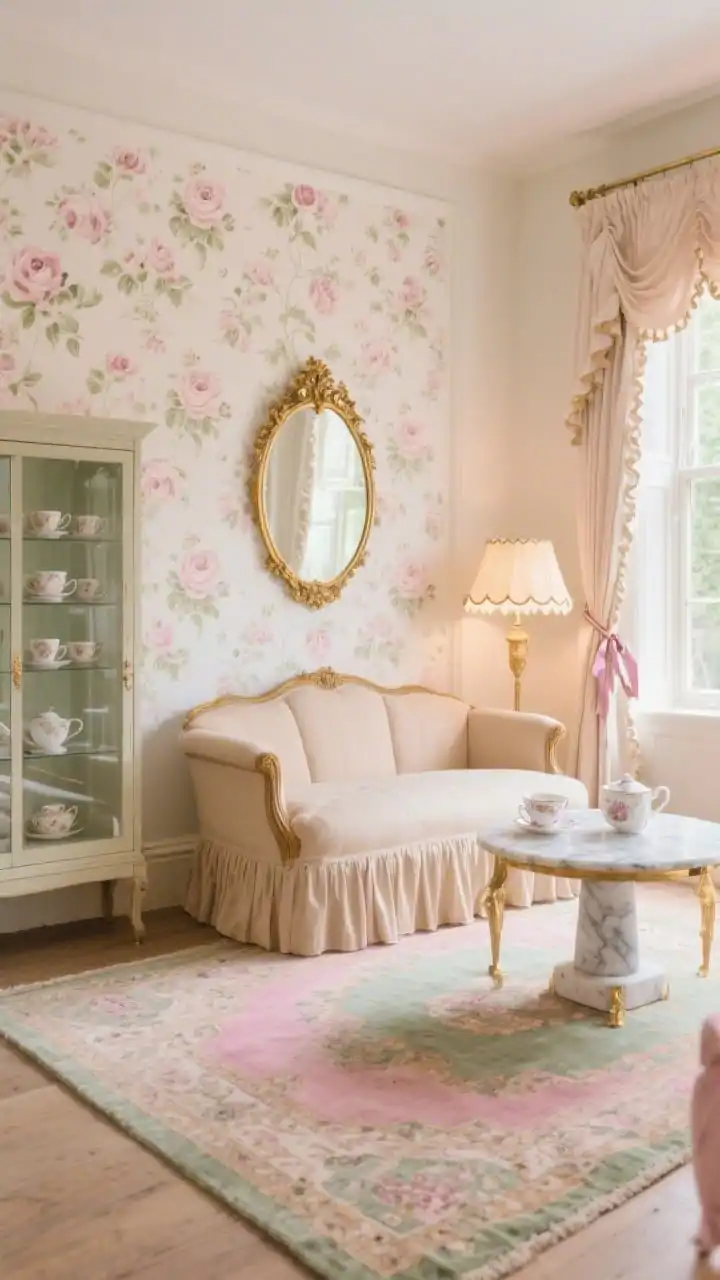 Medium, elegant seating area straight-on: A soft, romantic tea salon with cream walls and a single focal wall in rose-patterned wallpaper. A pale beige skirted camelback sofa sits atop a pink-and-sage washed Persian-style rug. A marble-top side table holds porcelain teacups; a gold-framed mirror reflects gentle light. Nearby, a glass-front cabinet displays teacups, and windows wear ruffled curtains tied with ribbons. Delicate afternoon lighting with an antique gold tone; scalloped lampshade glow. Palette: blush, cream, sage, antique gold. Photorealistic, no people.