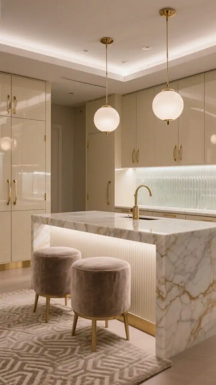 Medium glam vignette, Soft Glam Beige: high-gloss beige lacquer cabinet fronts reflecting light, island waterfall in quartzite with champagne veining, ribbed glass backsplash softly backlit to glow, champagne-finish pulls and knobs, pair of opal glass globe pendants over the island, velvet-upholstered counter stools in dusty taupe, tonal short-pile geometric rug underfoot, sleek, luminous, hotel-bar elegance, evening ambient illumination.