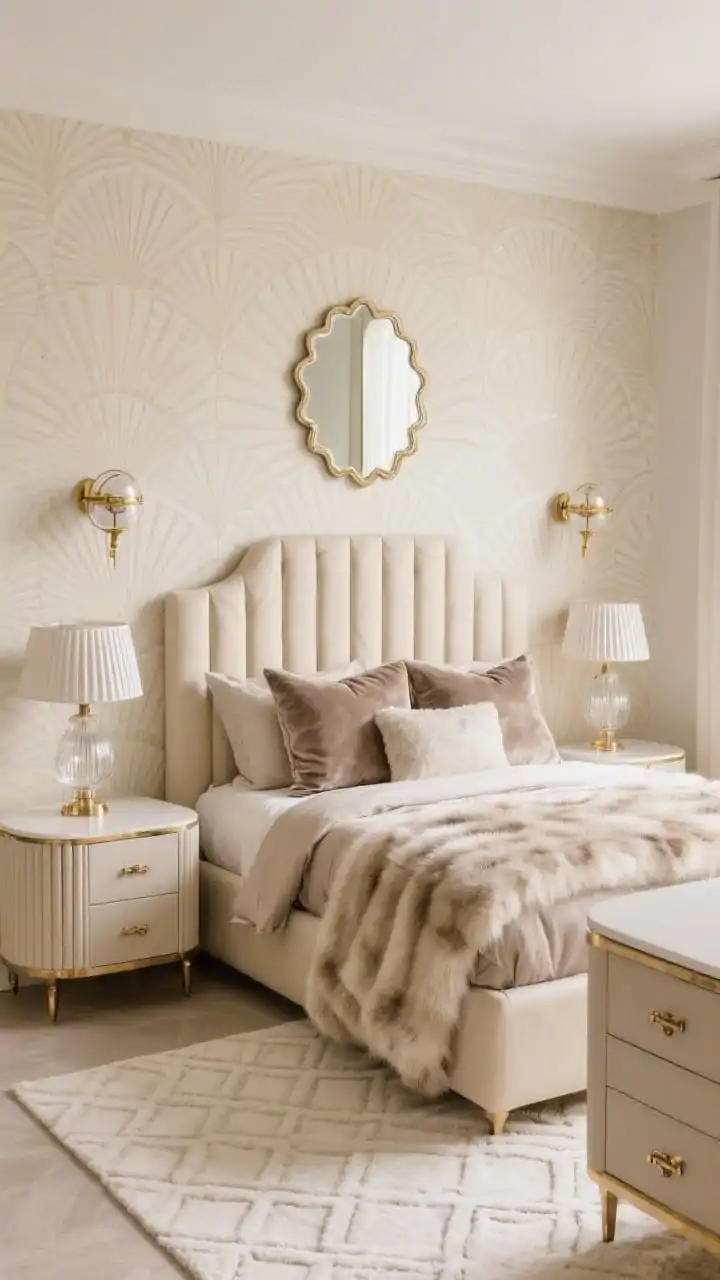 Medium glam vignette with Art Deco neutrals: champagne beige channel-tufted headboard behind silky taupe bedding, velvet pillows, and a draped faux fur throw; nightstands with rounded corners and brushed brass hardware; globe sconces flanking a scalloped-edge mirror; cream rug with subtle geometric pattern underfoot; fluted glass lamps and a ribbed dresser partially visible; champagne, latte, ivory, brushed brass palette; tone-on-tone art deco fan-print wallpaper as a refined backdrop; soft, luxurious lighting, photorealistic.