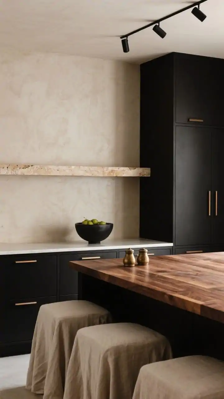 Medium intimate scene of soft luxury: hand-troweled putty-beige plaster walls catching gentle shadows, matte black cabinetry with integrated pulls, caramel-toned oak butcher-block island; thin ledge backsplash in beige stone with a matching shelf holding a single black ceramic fruit bowl; linen-draped stools, small aged brass salt cellars; tiny black pin-spot lighting creating a gallery effect; moody, curated, quietly expensive.