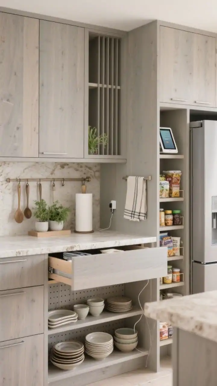 Medium, Japandi Serenity countertop and uppers: muted greige oak flat-front cabinets, hidden sleek rail system beneath uppers holding ladles, tiny herb planters, and a paper towel roll; vertical dividers inside an open cabinet slotting trays and platters; drawer below open to show pegboard system cradling bowls and plates; a tall, narrow pull-out near the fridge extended with teas, snacks, and vitamins organized by category; a concealed charging nook cabinet slightly ajar with phone/tablet inside; linen tea towels, travertine mortar, spriggy greens; soft, diffuse natural light for zen calm.