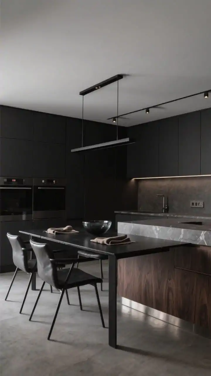 Medium, moody minimal dining focus from a corner angle: charcoal cabinetry meets a walnut-veneered island with soapstone-look quartz waterfall edge; integrated pulls and paneled appliances for clean lines; dining area with a rectangular blackened-wood table and angular leather sling chairs; a slim black linear pendant centered over the table, recessed pin lights along the prep zone adding low-lit drama; brushed metal toe-kicks glint subtly; microcement floor runs continuous between kitchen and dining; palette of ink, espresso, smoke; soft contrast with suede napkins and a smoked-glass bowl centerpiece; cinematic, low-key lighting, no people, photorealistic.