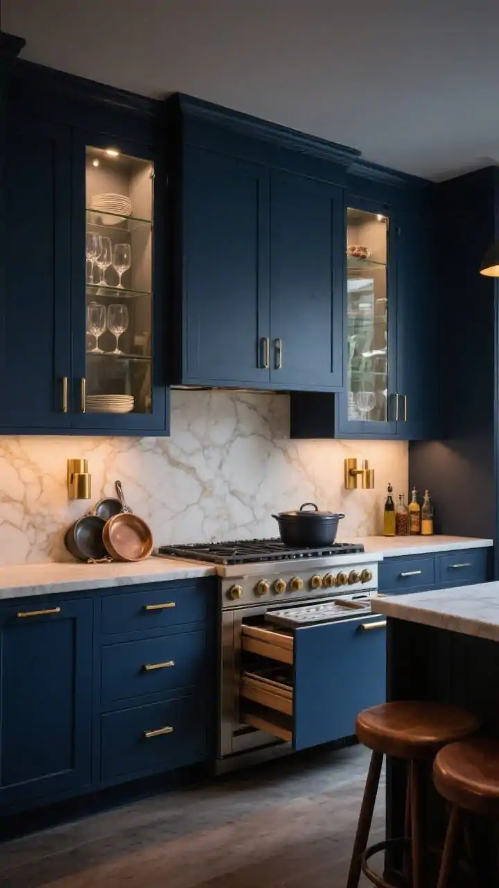 Medium, Moody Modern range wall: ink-blue shaker cabinets with satin brass pulls, veined warm-white quartz backsplash running to the ceiling; two glass-front tower cabinets flanking the range, softly lit from within to display dishes and stemware; below, a bank of wide drawers partially open showing lids in the top, pans in the middle, and a heavy Dutch oven in the bottom; slim vertical tray divider with baking sheets, corner Le Mans unit swung out with spices and oils; brass sconces and walnut stool seats just in frame; low, dramatic evening lighting to enhance the moody bar-meets-chef vibe.