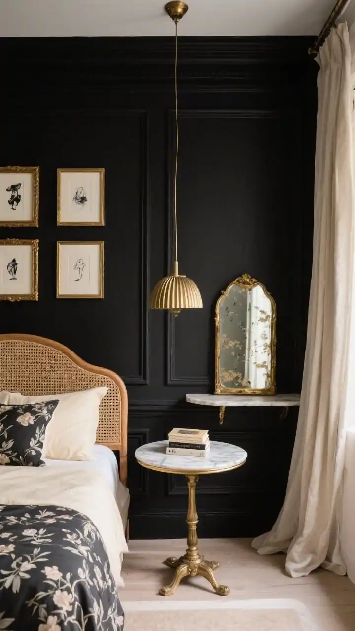 Medium, Parisian-inspired composition straight-on: soft black walls with painted panel moulding in the same tone for subtle texture; bed with a curved cane headboard framed in gilded wood; petite bistro-style marble table as a nightstand holding a small book stack; antique gold mirror with foxed glass leaning above a console; linen drapes pooled gracefully on the floor; fluted brass pendant centered; bedding in cream and charcoal with delicate floral pattern; delicate gold frames with black-and-white sketches on the wall; romantic, refined lighting.