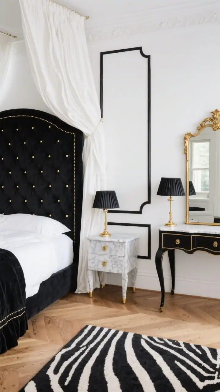 Medium, Parisian Noir Chic: a classic bedroom with pure white walls and slender black-painted trim and picture rail; a tufted black velvet headboard with delicate brass nailheads; silk-like white curtains pooling slightly on a herringbone wood floor; zebra-inspired black-and-ivory rug partially visible; petite marble-top nightstands with brass pulls, topped with lamps with pleated black shades; a gilded mirror over the dresser reflecting soft daylight; touches of antique brass; straight-on view, refined, photorealistic.