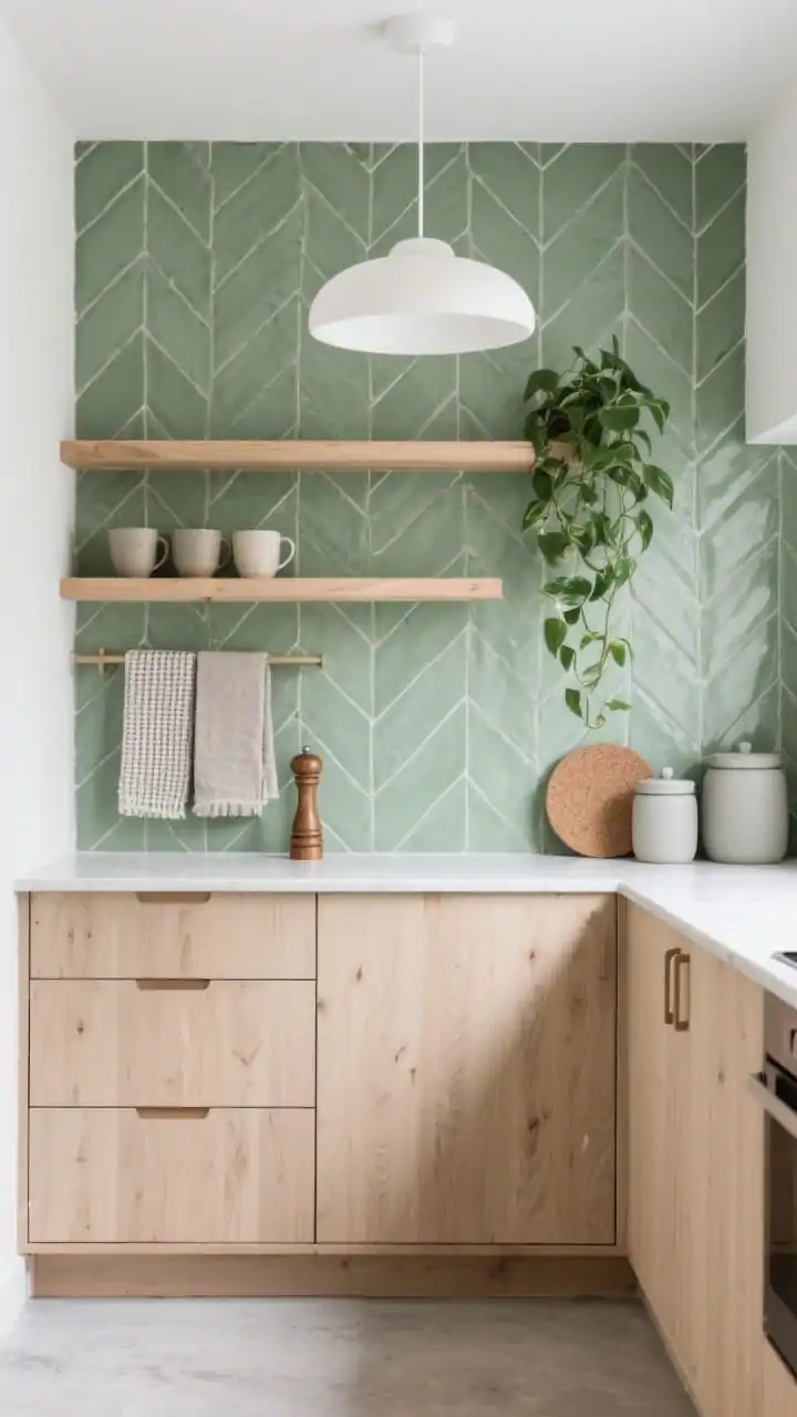 Medium, serene Scandinavian kitchen vignette: moss-green tiles laid in a tight herringbone forming a calm backdrop, light natural oak cabinets with integrated pulls, thin-profile white quartz countertop. Style two slim oak open shelves holding only essentials stoneware mugs, a wood pepper mill plus waffle weave towels, cork trivets, matte porcelain canisters, and a single trailing pothos. Pale concrete-look floors and a white ovoid pendant just in frame; soft diffuse daylight; photorealistic, straight-on.