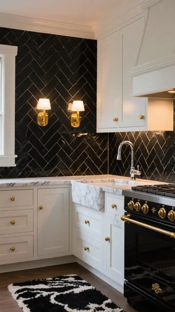 Medium shot, angled corner view: A luxurious kitchen wall featuring a black herringbone tile backsplash with crisp white grout, gleaming under paired warm brass sconces. Soft white shaker cabinets with brass knobs frame white marble or quartz countertops with bold gray veining. A polished chrome faucet sparkles at the sink, while a black French range with brass details anchors the lower portion. A plush black-and-ivory rug peeks into frame. Photorealistic, evening warmth with focused highlights on tile pattern.