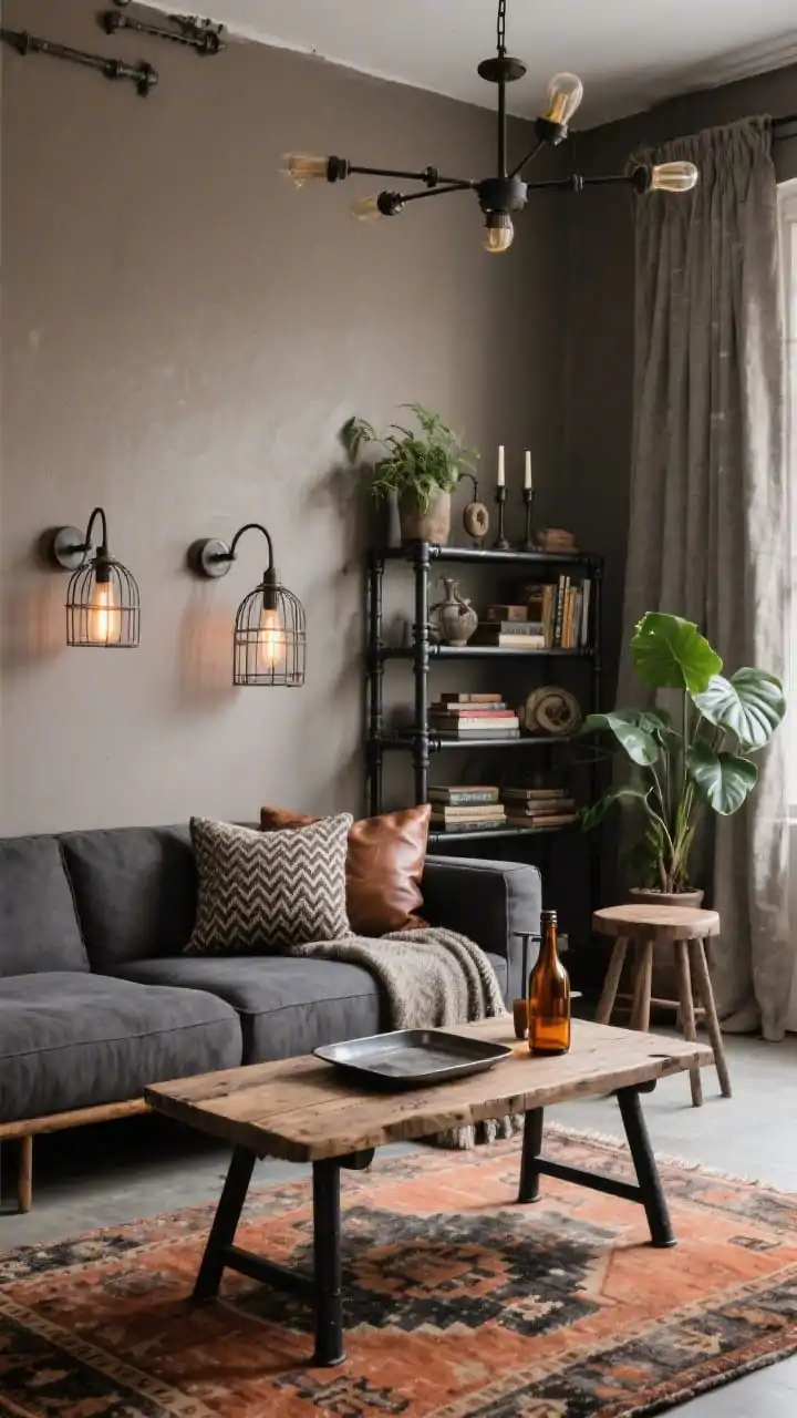 Medium shot, angled view highlighting materials: Rustic-industrial living room with warm mushroom grey walls and a dark grey sofa. A reclaimed wood coffee table with black iron legs sits atop a faded kilim rug in terracotta and charcoal. On the sofa: leather pillows and a wool herringbone throw. A black pipe shelving unit holds plants, books, and vintage finds; a metal-and-wood stool acts as side seating. Caged metal sconces on the wall provide warm industrial light, with an optional multi-arm chandelier glimpsed above. Accents include a metal tray, amber glass bottles, and iron candlesticks. Linen drapes in stone soften the look, with a potted rubber plant adding greenery. Purposeful, collected vibe, photorealistic.