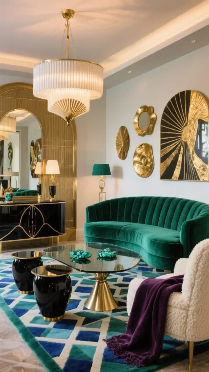 Medium shot, Art-Deco Glam in Jewel Tones: a curved velvet sofa in deep emerald set on a bold geometric rug; smoked-glass coffee table with a polished brass base gleams; side tables in lacquered black echo the curved motif; a fan-shaped chandelier hangs overhead; fluted detailing on a credenza or wall panel behind; gallery of deco-style mirrors and abstract gold-foil art; cream bouclé accent chair nearby with a deep plum throw and malachite coasters on the table; palette of emerald, sapphire accents, cream, black lacquer, polished brass; textures of velvet, lacquer, smoked glass, bouclé; photorealistic, straight-on view with glamorous, warm ambient lighting.