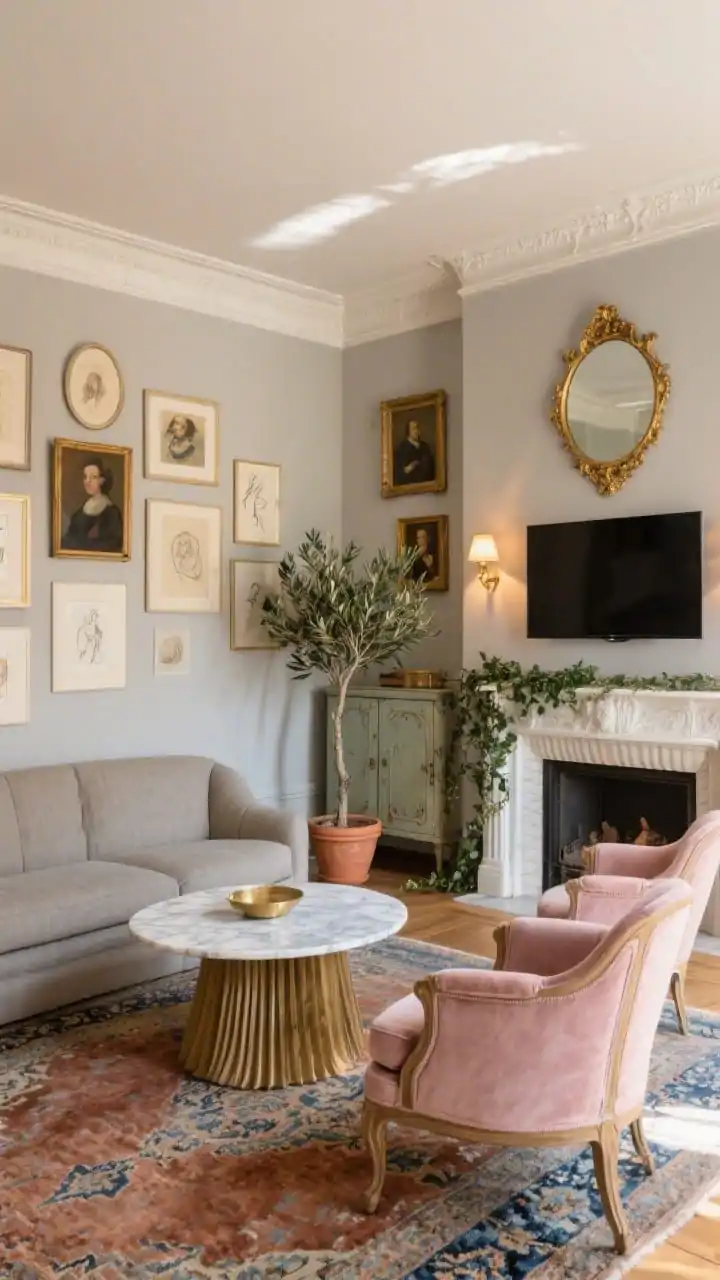 Medium shot, Art-Led Parisian Salon: A gallery-first living room corner with soft greige walls with warm undertones, delicate crown molding, and a slim picture ledge above a fluted fireplace surround; the TV is wall-mounted off to the side, visually blending among clustered art oil portraits, delicate line drawings, and a gilded mirror catching light; furniture includes a stone-colored linen sofa with curved arms and two blush velvet slipper chairs around a petite marble-topped brass coffee table over a faded rust-and-blue Persian-style rug; pleated sconces cast warm pools of light, a painted vintage cabinet sits beneath the TV for hidden media storage, trailing ivy along the mantle and a tall olive tree in a terra cotta pot add greenery; corner angle, late-afternoon natural light with gentle highlights.