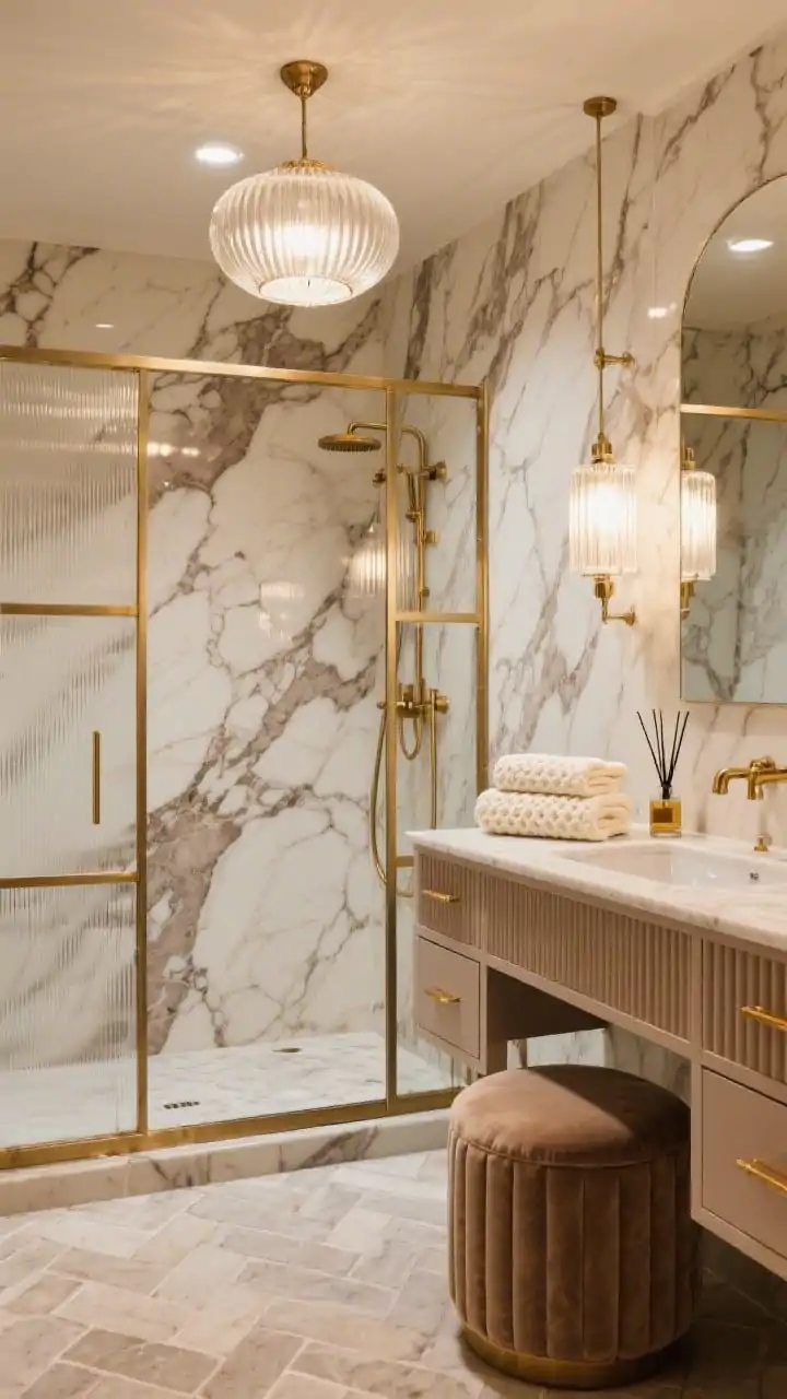 Medium shot, boutique hotel glam jewel-box ensuite: bold veined porcelain slab shower walls with dramatic high-contrast veining; mushroom-toned vanity with fluted fronts and slimline drawers; brushed brass fixtures throughout; Crittall-style shower screen with slender brass trim; ribbed glass pendant overhead casting a warm, flattering glow; herringbone limestone-look floor tile; plush cream waffle towels neatly folded, a reed diffuser, and a small velvet stool tucked under the vanity; palette of cream, warm taupe, brass, photorealistic luxury.