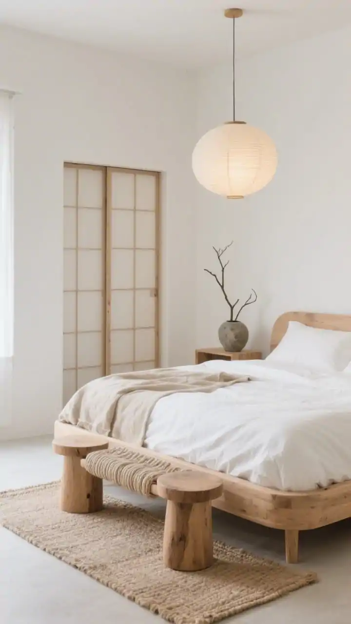 Medium shot, calming vignette: Japandi bedroom with soft white plaster walls and a light ash wood bed with rounded edges, dressed in crisp white percale sheets and an oat-toned natural linen duvet. Paper lantern pendant glows gently. Shoji-inspired sliding closet doors in the background. A low paper cord bench at the foot of the bed. Rounded untreated wood stools as nightstands with a single sculptural branch in a stone vase. Underfoot, woven jute rug layered with a soft neutral runner. Bright but serene natural light; photorealistic.