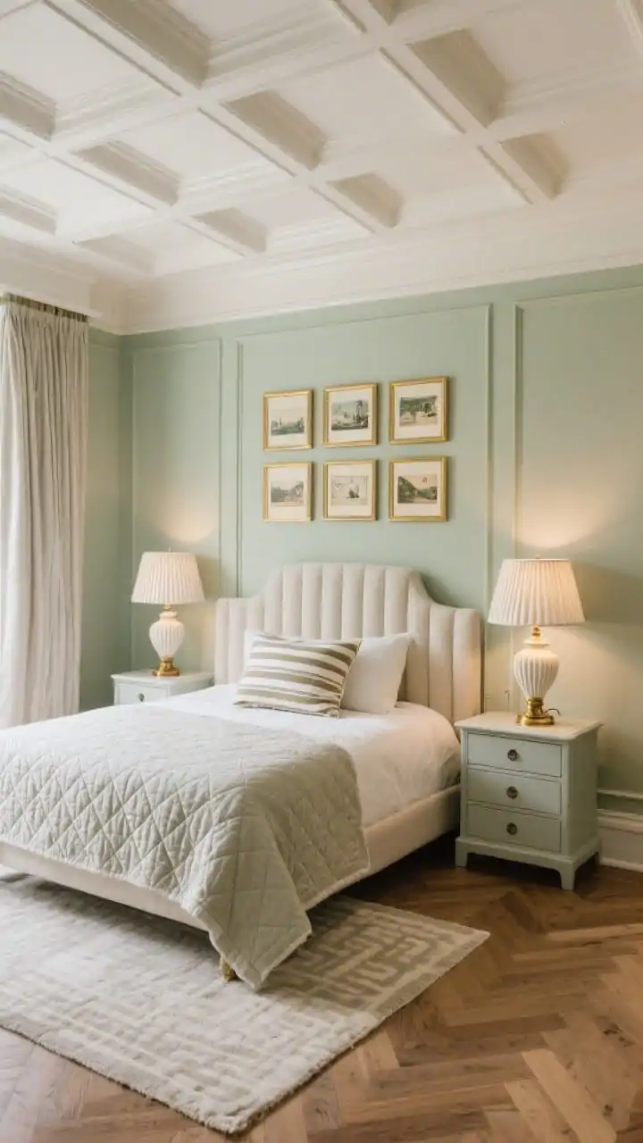 Medium shot, classic bedroom with a coffered false ceiling in a warm white, slim elegant molding creating a soft-grid effect; muted sage walls; tall paneled headboard; fluted nightstands in a painted finish; antiqued brass accents; pleated lampshades casting a cozy glow; quilted coverlet, striped lumbar pillow, and linen curtains; herringbone wood flooring (or pale patterned wool rug); vintage postcards arranged in a grid of thin gold frames; quiet luxury, softly lit.