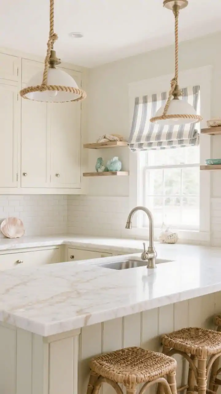 Medium shot, Coastal Cream: beige-cream shaker cabinetry, beadboard backsplash painted to match for texture, shell-white quartz countertops with faint sandy veining, polished nickel hardware and a bridge faucet sparkling subtly, rope-trim pendants over island, rush-seat counter stools, open shelves with a hint of sea glass accents, striped linen roman shade filtering coastal light, airy and breezy atmosphere.
