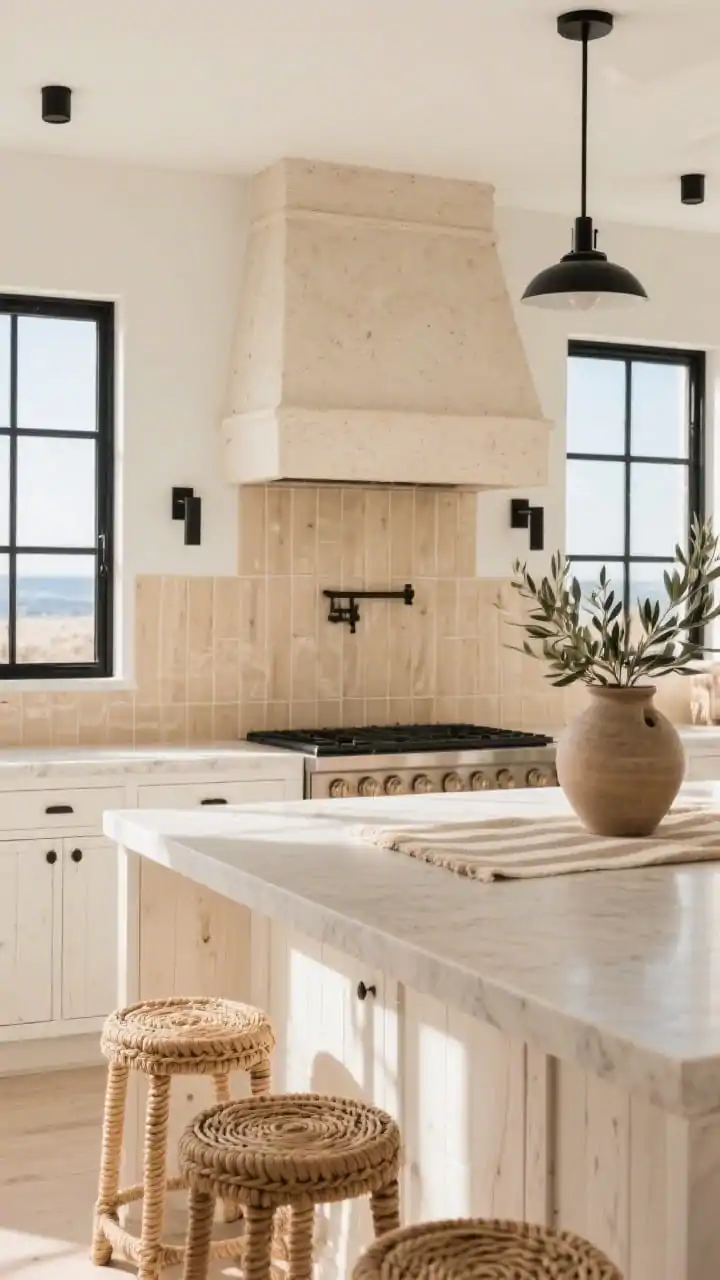 Medium shot, coastal modern brightness: whitewashed oak cabinets catching morning light, beachy beige plaster hood as soft focal point, slim black sconces like eyeliner accents; soft sand quartz counters, vertical stacked warm-beige gloss tile backsplash; rope/rattan stools at the island, black window frames framing daylight, sandy striped runner, oversized pottery with olive branches; breezy yet modern, sun-kissed.
