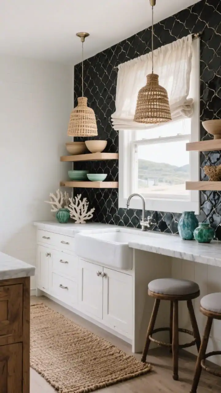 Medium shot, coastal noir: hand-cut black zellige tile backsplash with soft, uneven sheen catching light; white oak cabinetry; sea-salt white quartz counters; apron-front white fireclay sink; brushed nickel hardware; woven rattan pendants casting warm glow; jute runner on the floor; sea-glass green and blue-gray ceramics and upholstered barstools; open shelves with sandy-toned bowls and faux coral-inspired sculptures; sheer linen Roman shades filtering sunlight; airy, beachy calm with sophisticated contrast; straight-on view, photorealistic.