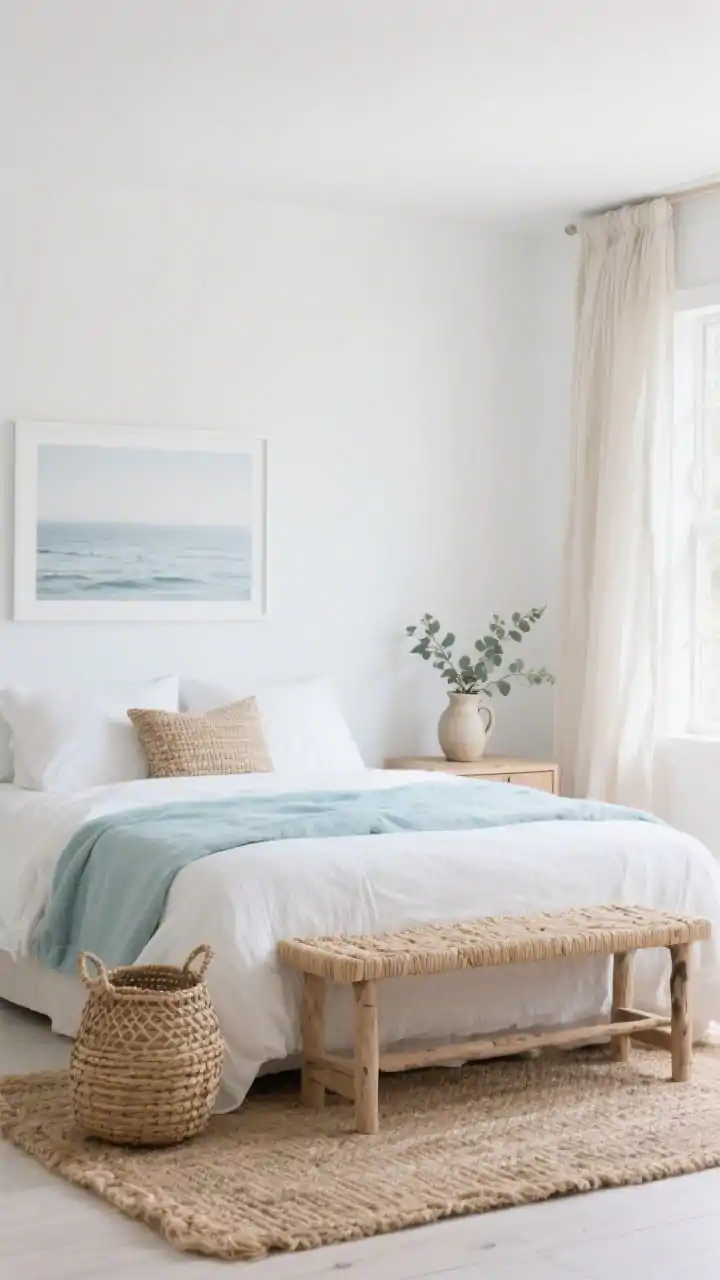 Medium shot, Coastal Quiet: white walls, pale oak bed layered with stonewashed linen bedding in soft white and sea-glass blue; woven seagrass bench at the foot, jute rug underfoot; thin white frame with a hazy ocean photograph above the bed; accents include woven baskets and a ceramic pitcher with eucalyptus on a nightstand; sheer oatmeal linen curtains filtering a breezy daylight; palette of white, pale oak, driftwood, soft blue; photorealistic, fresh and airy.