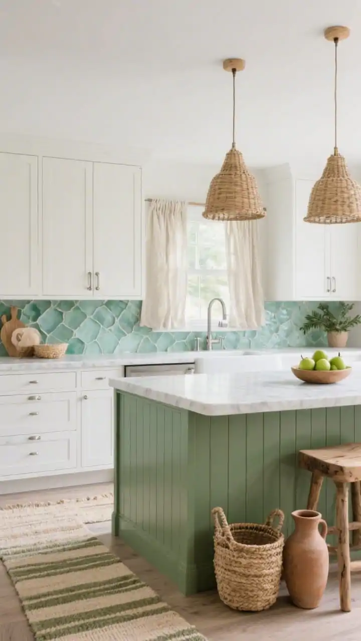 Medium shot, Coastal Woodland Calm: eucalyptus-green beadboard lower cabinets, white oak “driftwood” uppers, chalky white quartz counters; sea-glass green ceramic backsplash with gently irregular surface; rattan pendant trio over the island, linen café curtains filtering daylight; brushed nickel latches, flatweave rug in sand and olive stripes on the floor; decor touches of natural baskets, clay pitchers, and a bowl of green pears; airy, breezy lighting, straight-on view, photorealistic.