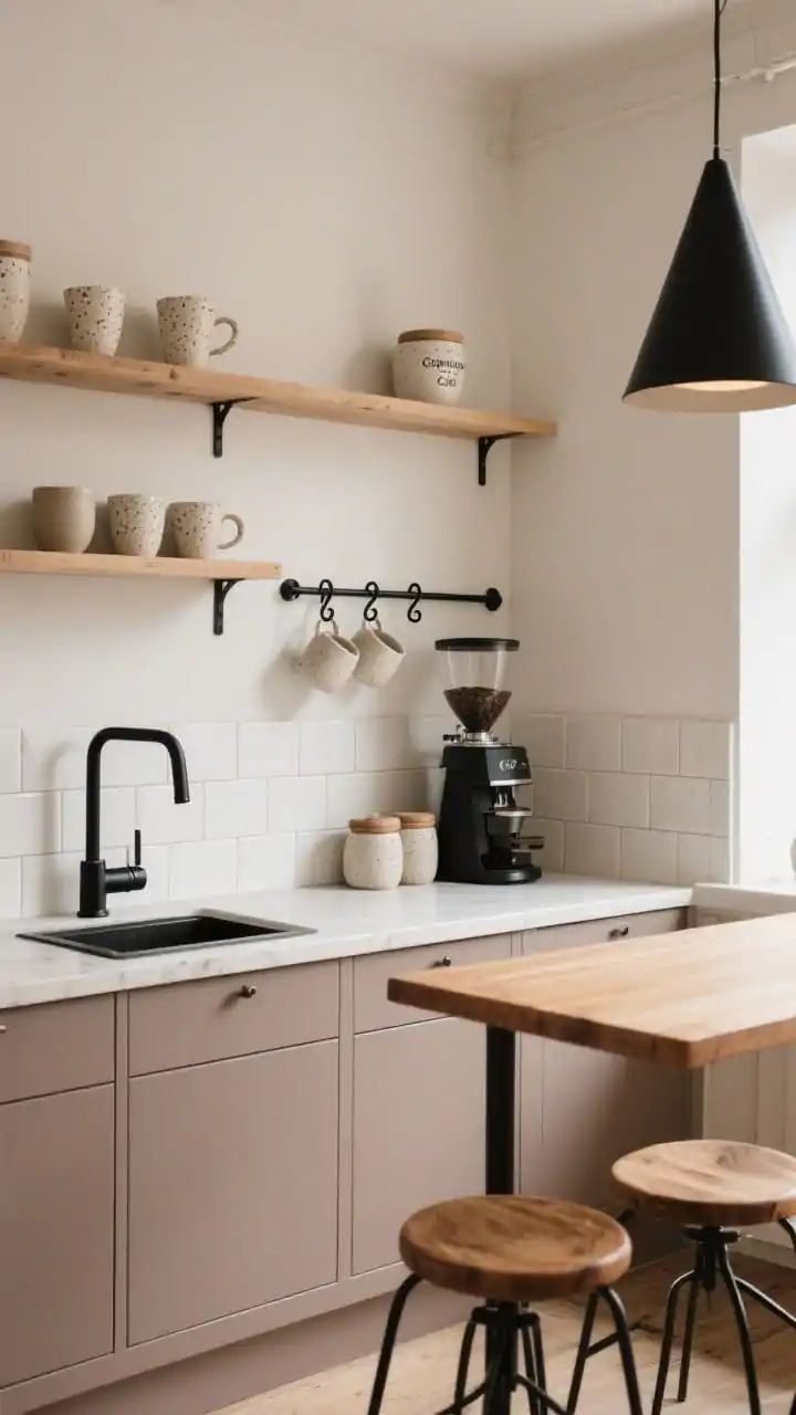 Medium shot “Copenhagen Café” corner: taupe flat-front lower cabinets, stacked white zellige tile backsplash with soft handmade sheen, open ash shelves styled with speckled stoneware; matte black faucet, slim black hardware, and a black metal rail with S-hooks displaying ceramic mugs; compact coffee setup with burr grinder and ceramic canisters; cone-shaped black pendants over a small island with oak stools on black metal frames; warm, cozy café vibe with soft natural light; no people.