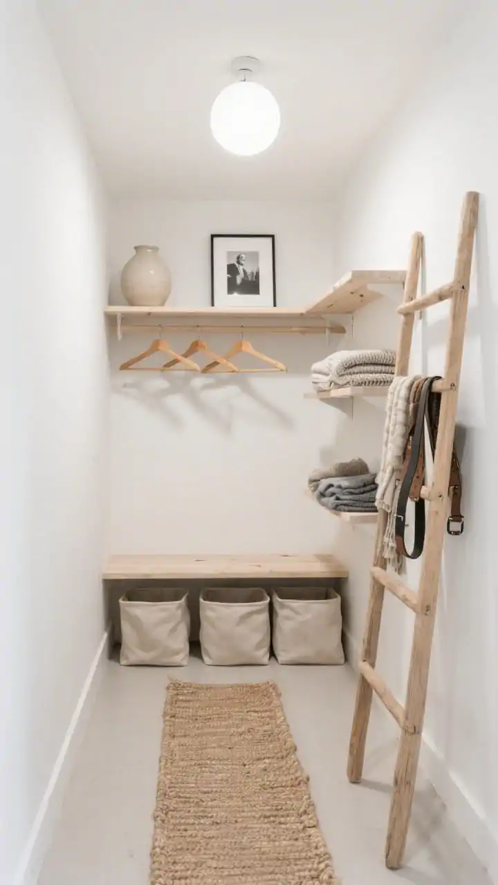 Medium shot, corner angle: A Scandinavian light and airy small walk-in with whitewashed wood shelves against matte white walls, soft beige linen bins neatly arranged. One side shows a curated capsule wardrobe on uniform oak hangers; the other side has open shelves spaced for folded knits. A narrow ladder rack displays scarves and belts like art. Lighting is a minimal white globe flush mount casting warm even light. A flat-weave natural jute runner visually stretches the room. Add a single ceramic vase on the top shelf and a framed black-and-white photograph. Colors: white, pale oak, oatmeal, soft gray. Photorealistic, no people.