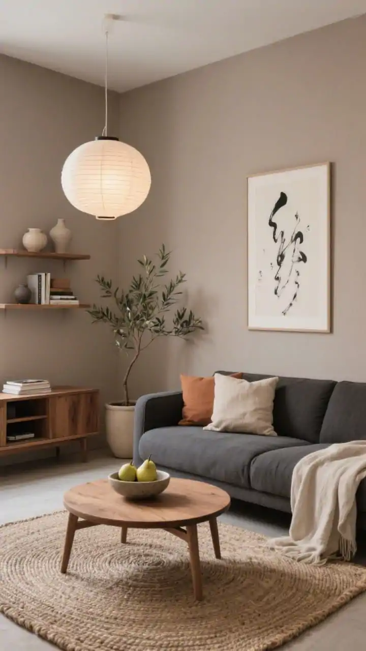 Medium shot, corner angle: A serene Japandi living room with a dark grey couch against putty-taupe walls. A low-profile ash wood media unit sits opposite; floating oak shelves hold a few curated ceramics and stacked design books. A flatweave jute rug grounds a round oak coffee table topped with a stoneware bowl of pears. On the sofa: linen throw pillows in oat and clay and a soft cotton gauze throw draped casually. Overhead, a paper lantern pendant casts gentle, diffused light. One large minimal ink brushstroke print on off-white hangs simply. An olive tree in a matte sand planter completes the calm, tactile scene, photorealistic.