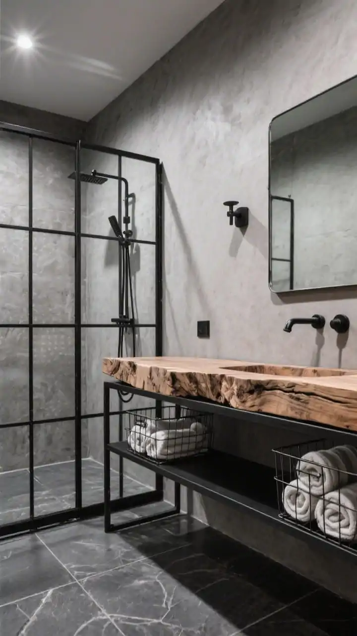 Medium shot, corner perspective: Industrial luxe vanity area with a live-edge wood countertop on a black metal base with open shelving, wire baskets and rolled towels stored below. A steel-framed shower enclosure with bold black grid lines stands adjacent. Walls in soft microcement gray for a monolithic texture, a wall-mounted black faucet, a rectangular metal-framed mirror, and charcoal slate floors. Lighting: gallery-like, directional; photorealistic.