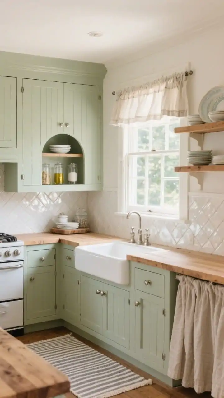 Medium shot focused on a cozy cottage L-shaped kitchen around a sunny window: soft sage beadboard cabinets with brushed nickel cup pulls, butcher block counters with a hand-oiled finish, classic white apron-front sink centered under the window, glossy herringbone tile backsplash shimmering gently, white-painted wood open shelves styling pretty dishes and glass canisters, a small arched range niche with a shelf for oils and salt, textiles including a ticking stripe runner on the floor and linen café curtains on the window; warm, welcoming daylight, photorealistic.