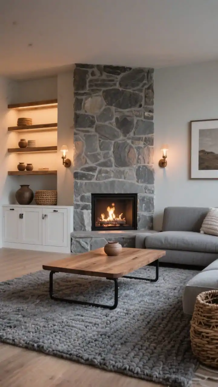 Medium shot focused on fireplace: stone-gray L-shaped sectional oriented toward a linear gas fireplace with white oak built-ins closed storage below, open shelving above with warm accent lighting. Thick knit heathered gray rug, rectangular oak coffee table with rounded corners. Matte black hardware and warm bronze sconces flanking the fire. Decor includes stacked pottery, woven baskets, minimal framed art. Hygge meets modern, cozy evening glow from fire and sconces, slight off-center angle, photorealistic.