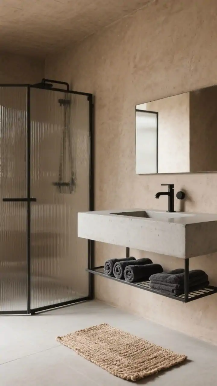 Medium shot focused on texture-rich minimalism: tan micro-cement walls and floor (or porcelain lookalike), floating concrete-look vanity with a rectangular vessel sink, matte black faucet and hardware, ribbed glass shower door adding subtle distortion, black metal open shelf with neatly rolled towels, jute bath mat and charcoal towels providing tactile contrast; calm, even lighting, three-quarter perspective.