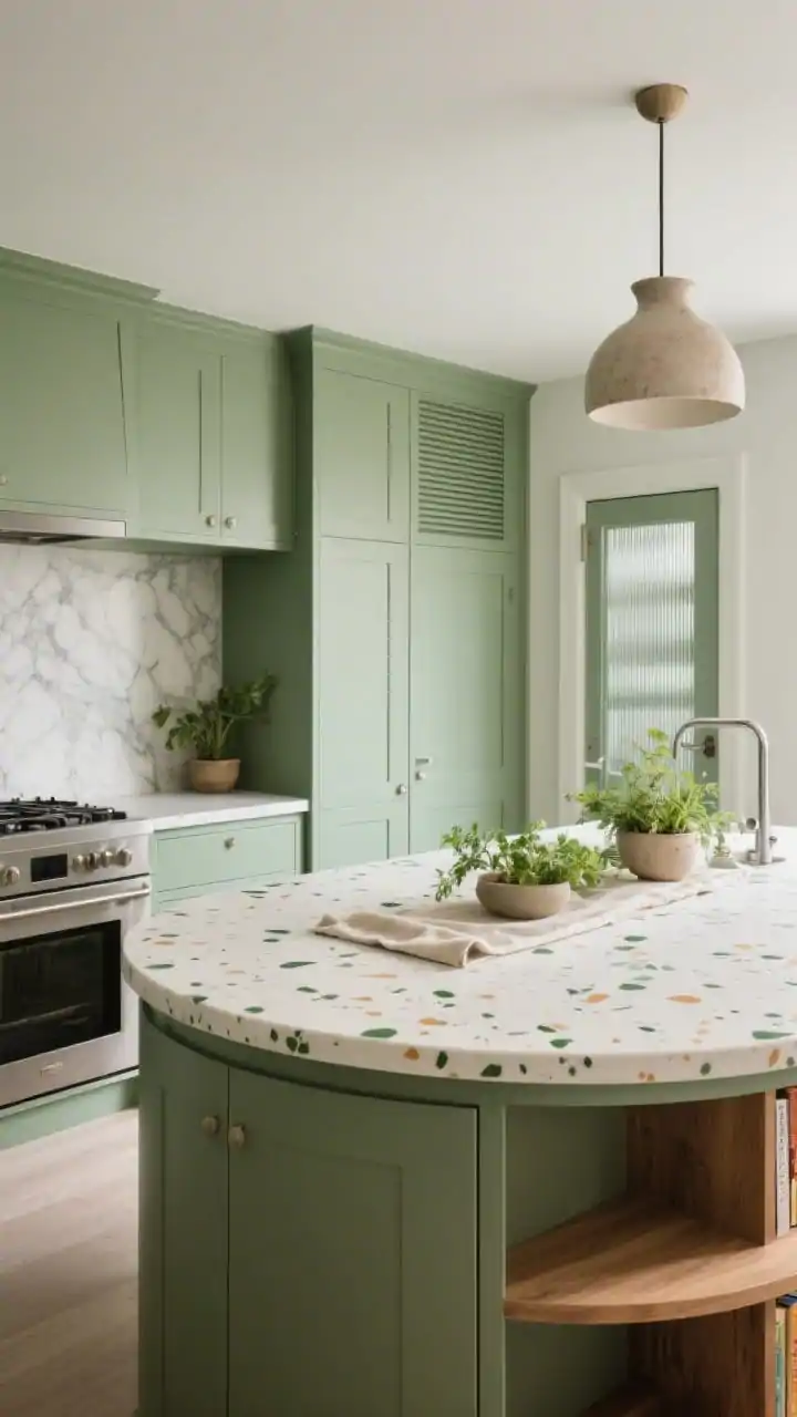 Medium shot focusing on biophilic elements and curves: L-shaped kitchen with matte sage green base cabinets and a curved island featuring rounded radius corners and an integrated oak bookshelf; cream terrazzo countertops with green and amber flecks; full-height slab backsplash of lightly veined Calacatta marble; pocket-door pantry concealed by matching panels beside ribbed-glass pantry doors; brushed nickel accents; potted herbs, a soft linen runner, and a sculptural ceramic pendant; soft, green, calm ambiance, photorealistic, no people.