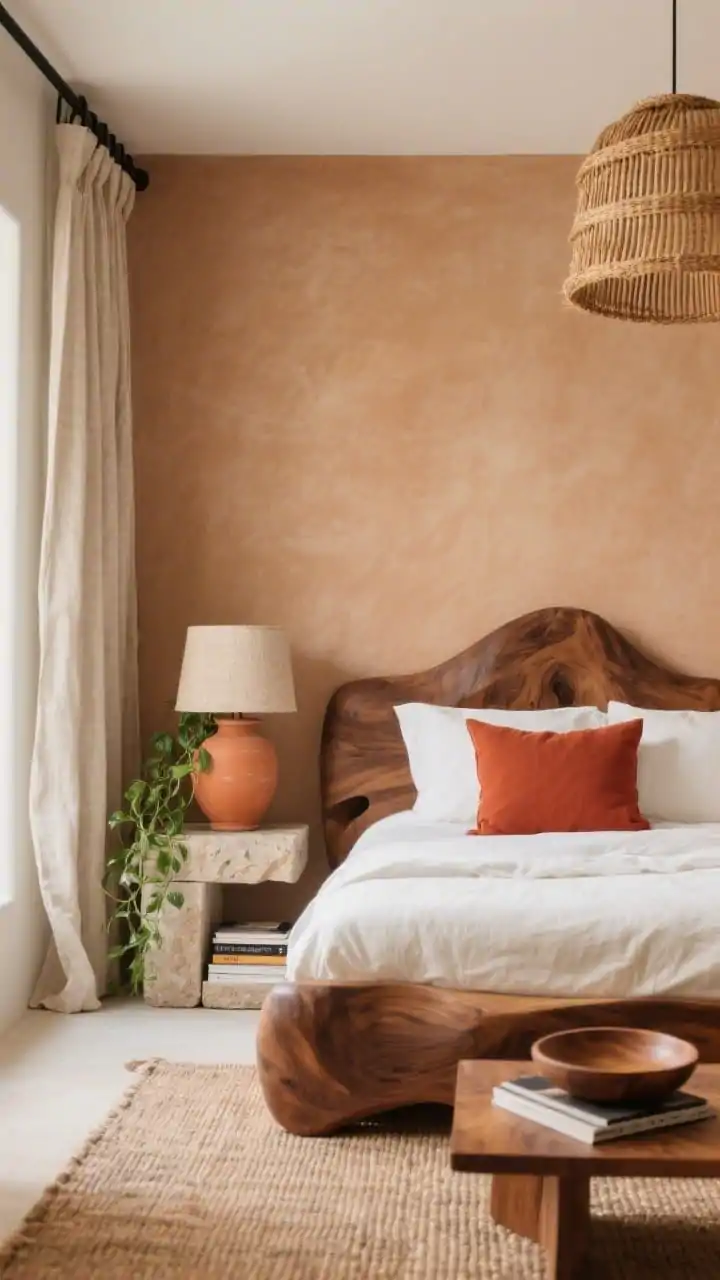 Medium shot focusing on warm modern organic textures: clay-beige walls behind a sculpted walnut bed with visible grain, slubbed cotton bedding in warm white, and a paprika lumbar pillow. A terracotta planter with cascading pothos on a stone-topped nightstand, ceramic table lamp with a nubby shade, and a woven seagrass pendant overhead. Stripe-textured flatweave rug underfoot, linen drapes on a thin black rod, stacked coffee-table books and a shallow wood bowl styled on the nightstand. Soft natural daylight highlighting material grain. Photorealistic.