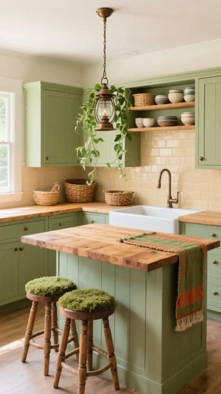 Medium shot, Fresh Farmhouse Reboot: sage-green Shaker cabinets, thick maple butcher-block countertop oiled to a honey tone, open white oak shelves displaying ceramic bowls, woven baskets, and a trailing pothos; aged-bronze lantern pendants over a small island with spindle-back pine stools featuring moss seat cushions; apron-front sink, warm cream subway tile backsplash, vintage runner in moss and terracotta; cozy, soft morning light, three-quarter angle, photorealistic.