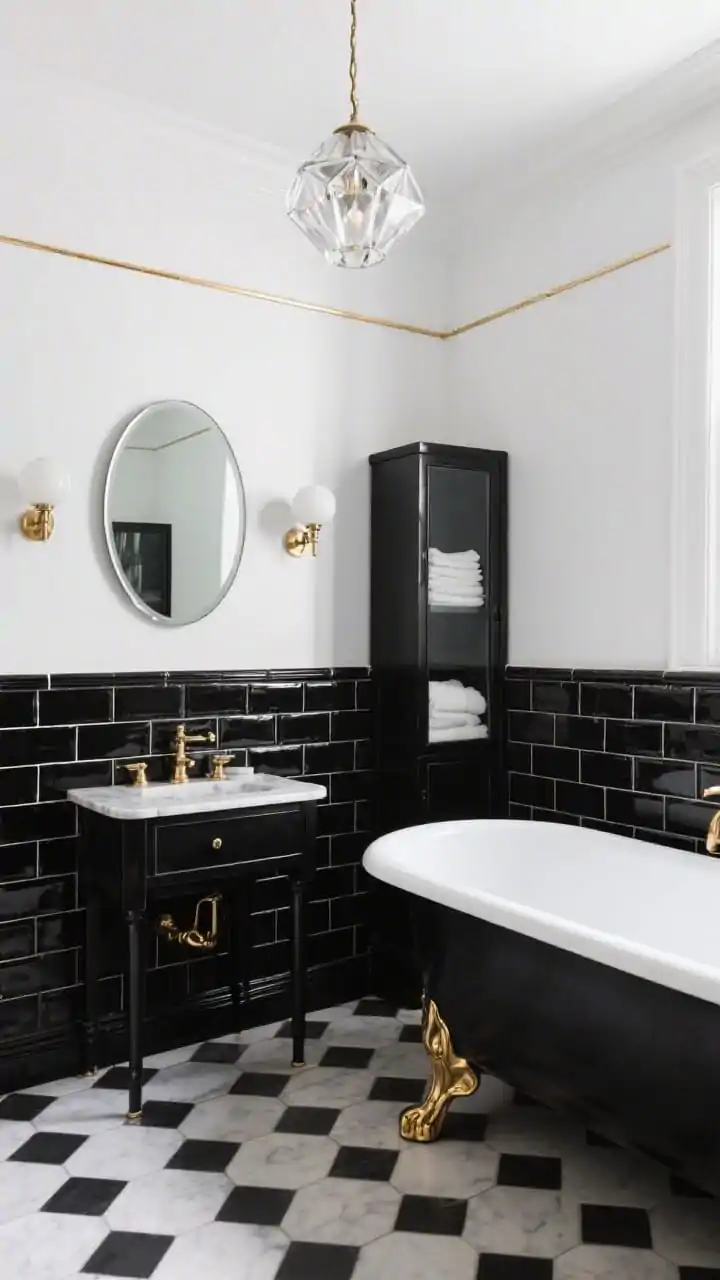 Medium shot from a corner angle: A black-and-white deco jewel box bathroom featuring a black clawfoot tub with polished brass feet set against glossy black subway tile wainscoting topped by a thin brass rail, crisp white upper walls reflecting light from a prismatic glass pendant; small-scale black-and-white hex tile flooring; a petite black console vanity with marble top and exposed brass trap, an oval bevel-edged mirror flanked by globe sconces, and a tall slim cabinet painted black with glass doors displaying folded linens; vintage glam atmosphere, photorealistic.