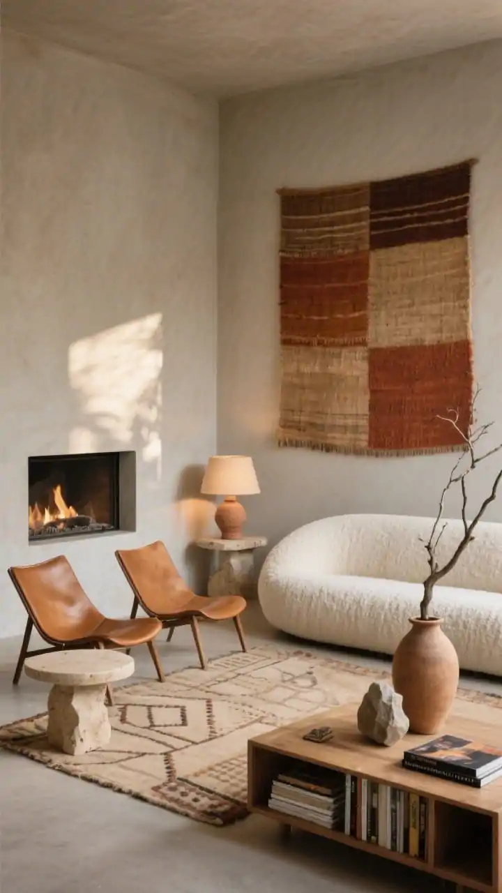 Medium shot from a corner angle: A “Desert Minimal Luxe” seating vignette with matte plaster walls, a sleek microcement hearth with subtle uplighting that casts sculptural shadows, and sand-colored travertine side tables. A curved ecru boucle sofa pairs with two caramel sling leather chairs. Palette of bone, camel, rust, and soft charcoal accents. A large-scale textured wall tapestry in warm earth hues hangs above the hearth. Accessories include handbuilt clay lamps and a sun-faded rug with geometric motifs. On a low-profile natural-oak credenza: stacked art books, a stone sculpture, and a single branch in a tall ceramic vase. Soft, warm afternoon light; photorealistic, no people.