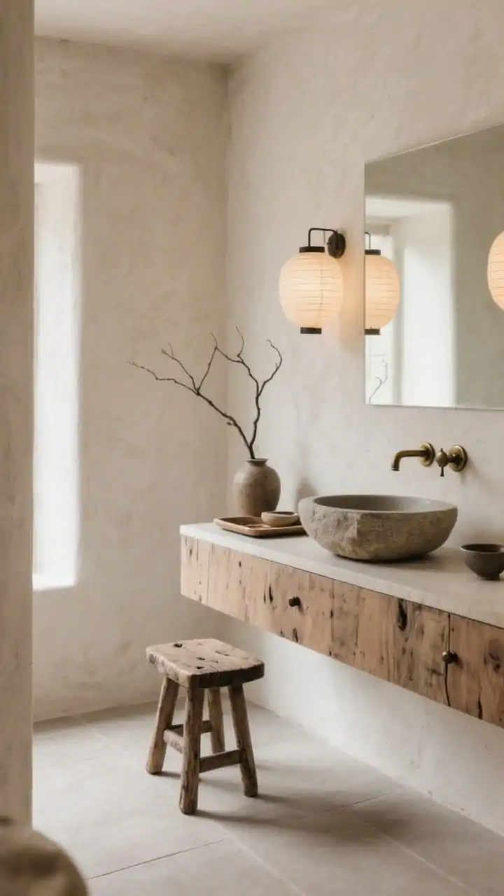 Medium shot from a corner angle: A wabi-sabi zen bathroom vignette featuring a floating oak vanity with visible grain, a stone vessel sink, and microcement or limewash walls showcasing soft, organic texture; large-format matte porcelain floor tiles in putty; aged brass or blackened bronze hardware with subtle patina; minimal rounded-edge fixtures with a non-shiny finish; warm glow from paper lantern sconces providing diffused, meditative light; styled with a reclaimed wood stool, hand-thrown ceramic trays, and a single bare branch in a rough-hewn vase; tranquil, tactile, imperfect beauty, photorealistic.