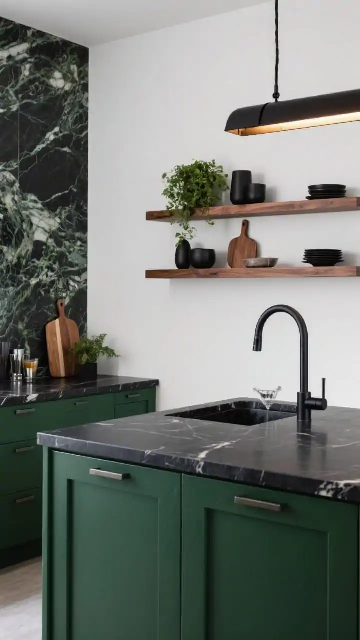 Medium shot from a corner angle: Deep forest green base cabinets with an ink black island topped in honed gray marble with charcoal veining; full-height matching marble slab backsplash; gallery white walls. Blackened steel pulls and a matching bridge faucet; a linear black pendant over the island with warm 2700K LED glow. Open walnut shelves styled with greenery, matte black ceramics, and walnut cutting boards; moody, modern, cocktail-bar sophistication, photorealistic.