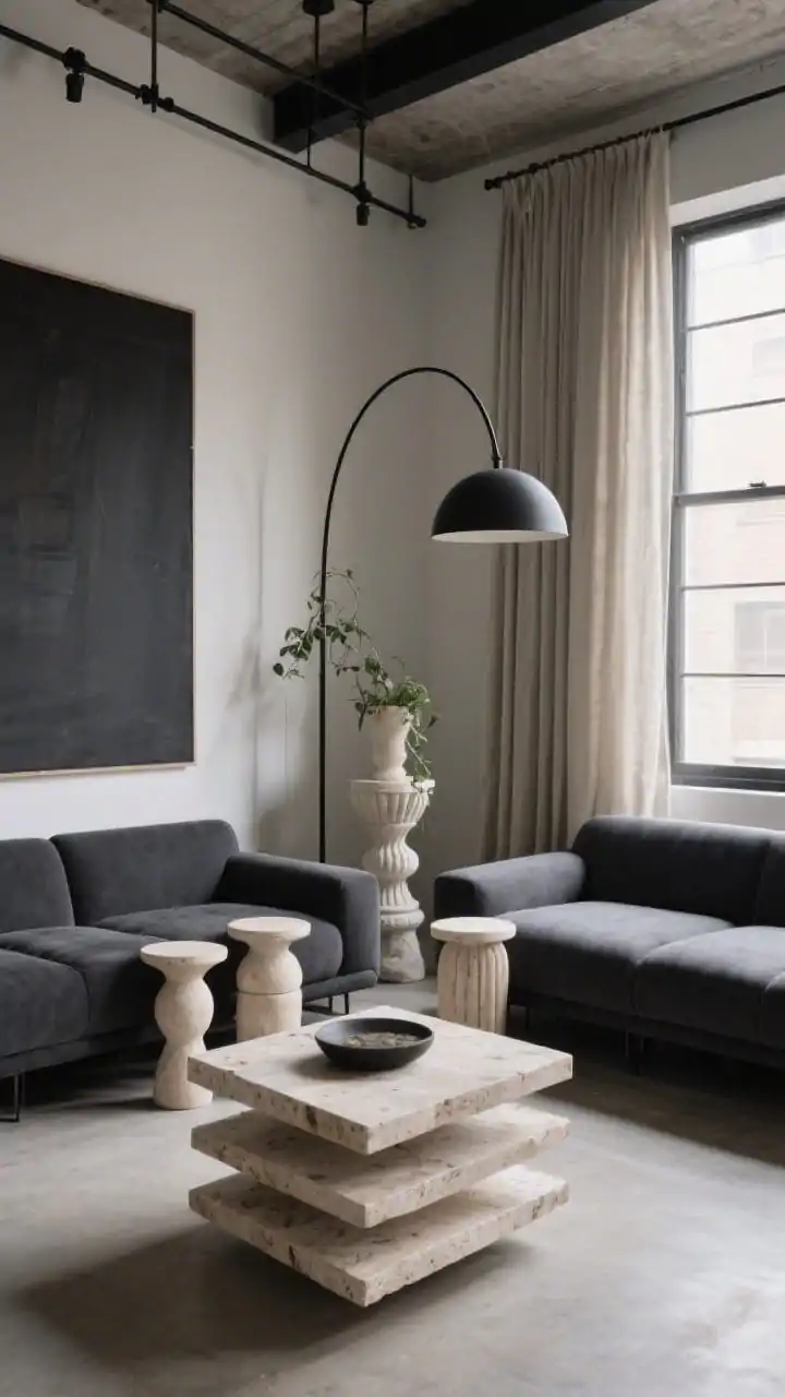 Medium shot from a corner angle, layered heights loft: charcoal low-back sofa foreground, a tall arched floor lamp sweeping overhead. Pair of staggered drum side tables (one taller, one shorter) beside the sofa. A sculptural plaster pedestal with a trailing plant creates a vertical moment in the corner. Centered is a tiered travertine coffee table building upward. Palette of charcoal, putty, bone with matte black touches. One large vertical canvas elongates the wall; ceiling-mount curtain rods with floor-grazing linen panels frame the windows. Photorealistic, moody, architectural depth with varied heights catching soft natural light.
