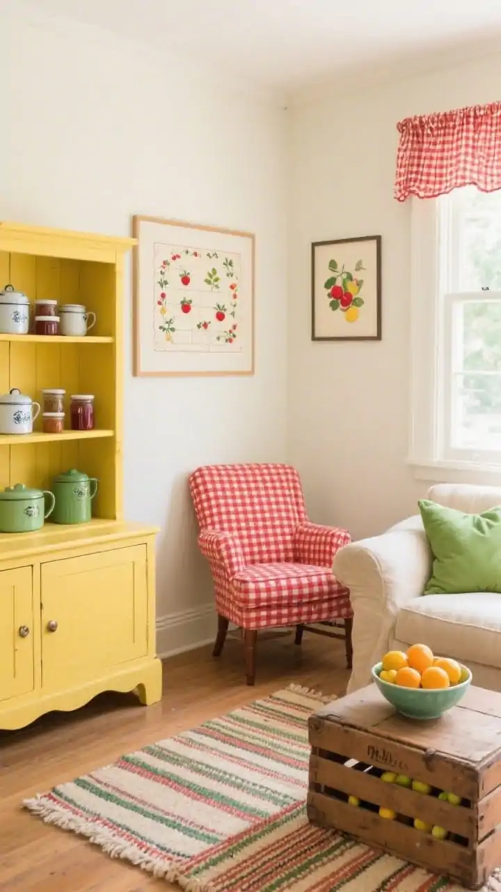 Medium shot from a corner perspective: A cheerful buttercream-walled living room featuring a cherry-red gingham armchair beside a sunny yellow painted cabinet filled with enamelware and jam jars. A gentle oatmeal-toned couch carries apple green cushions, anchored by a handwoven striped flatweave rug. A framed needlework sampler hangs nearby, and a vintage fruit crate leans as a side table. Red-and-white café curtains frame the window; a bowl of citrus adds a fresh pop. Bright daytime lighting. Palette: buttercream, cherry red, apple green, sunny yellow. Photorealistic, no people.