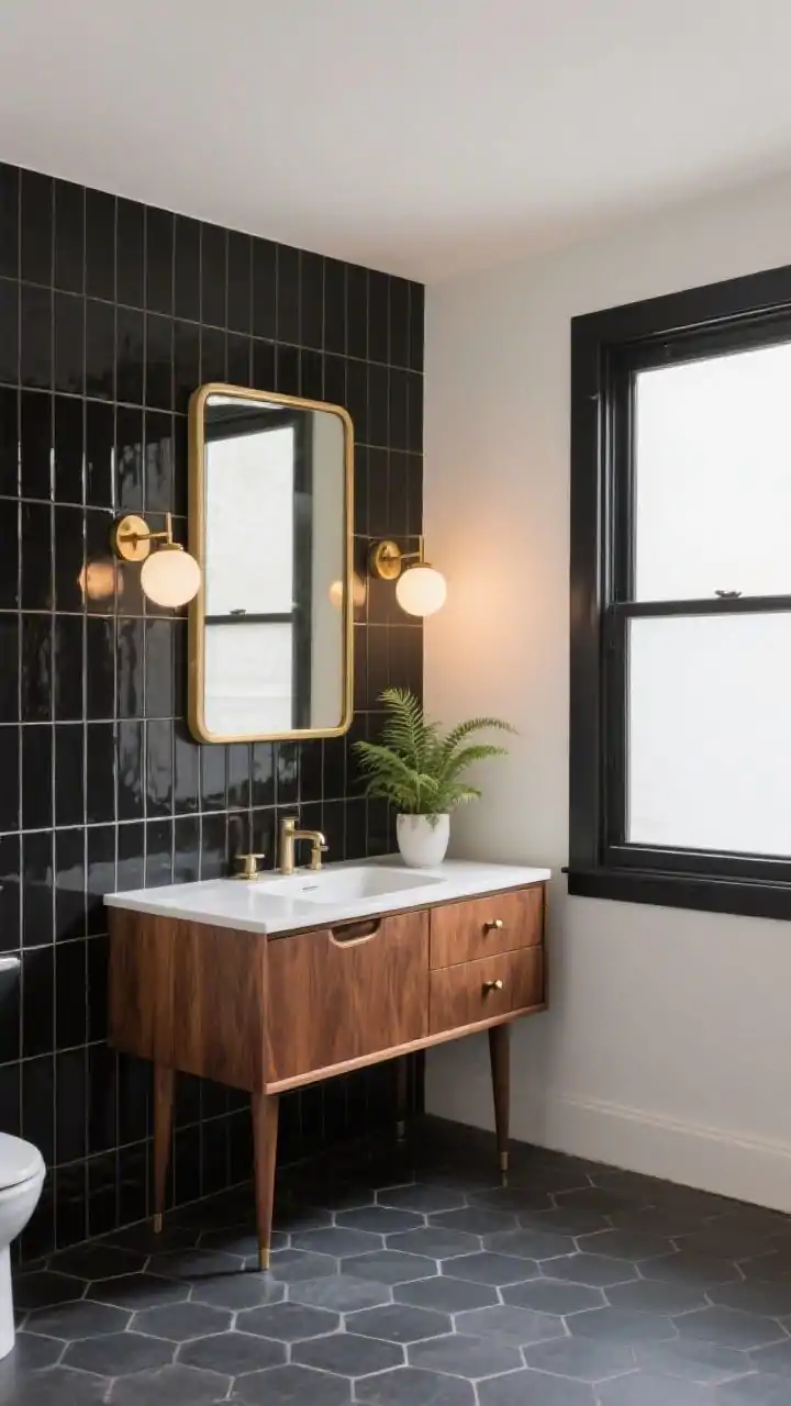 Medium shot from a slight angle: Mid-century walnut vanity with tapered legs and slim pulls, paired with vertical-stack black subway tile as the backsplash up to the ceiling. A thin-brushed-brass framed mirror and brass globe sconces provide a warm glow. Floor in hexagonal deep slate tile, a small potted fern on the vanity, and a slim black window frame adding contrast. Lighting: warm, inviting; photorealistic.