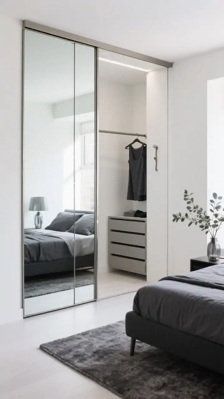 Medium shot from a slight angle of a sliding-door wardrobe with full-height floor-to-ceiling mirrored panels in slim brushed-nickel frames, reflecting a cool white room with a charcoal bed frame and a slate linen duvet; inside layout partially visible: a single high rail for dresses, pull-out trouser racks, and a stack of shallow drawers for tees and accessories; a slim built-in valet hook on the side with a next-day outfit; decor elements include a graphite wool rug, smoked-glass bedside lamps, and eucalyptus branches in a vase; bright urban lighting that bounces around the space, photorealistic.